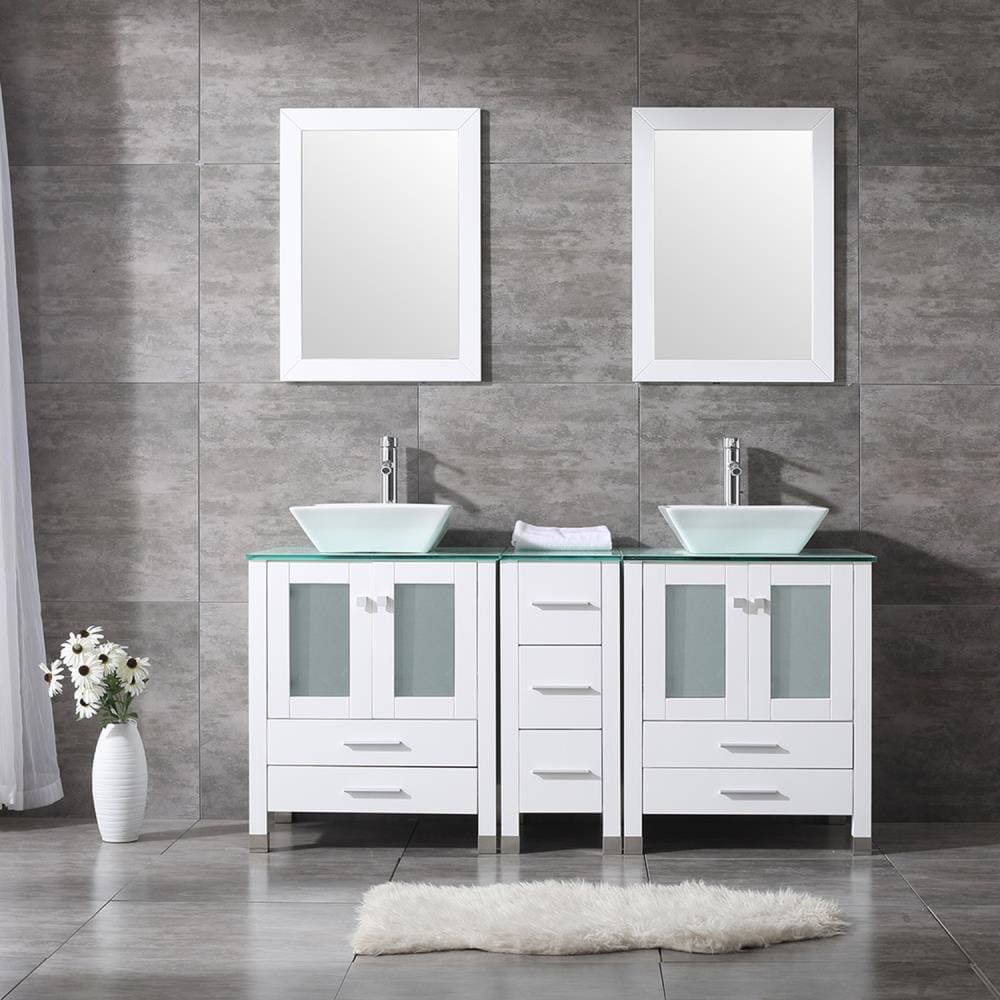 Wonline 60” White Double Bathroom Vanity Wood Cabinet Square Sink Combo Top Ceramic Vessel Sink Chrome Faucet Drain with Mirror Vanities Set