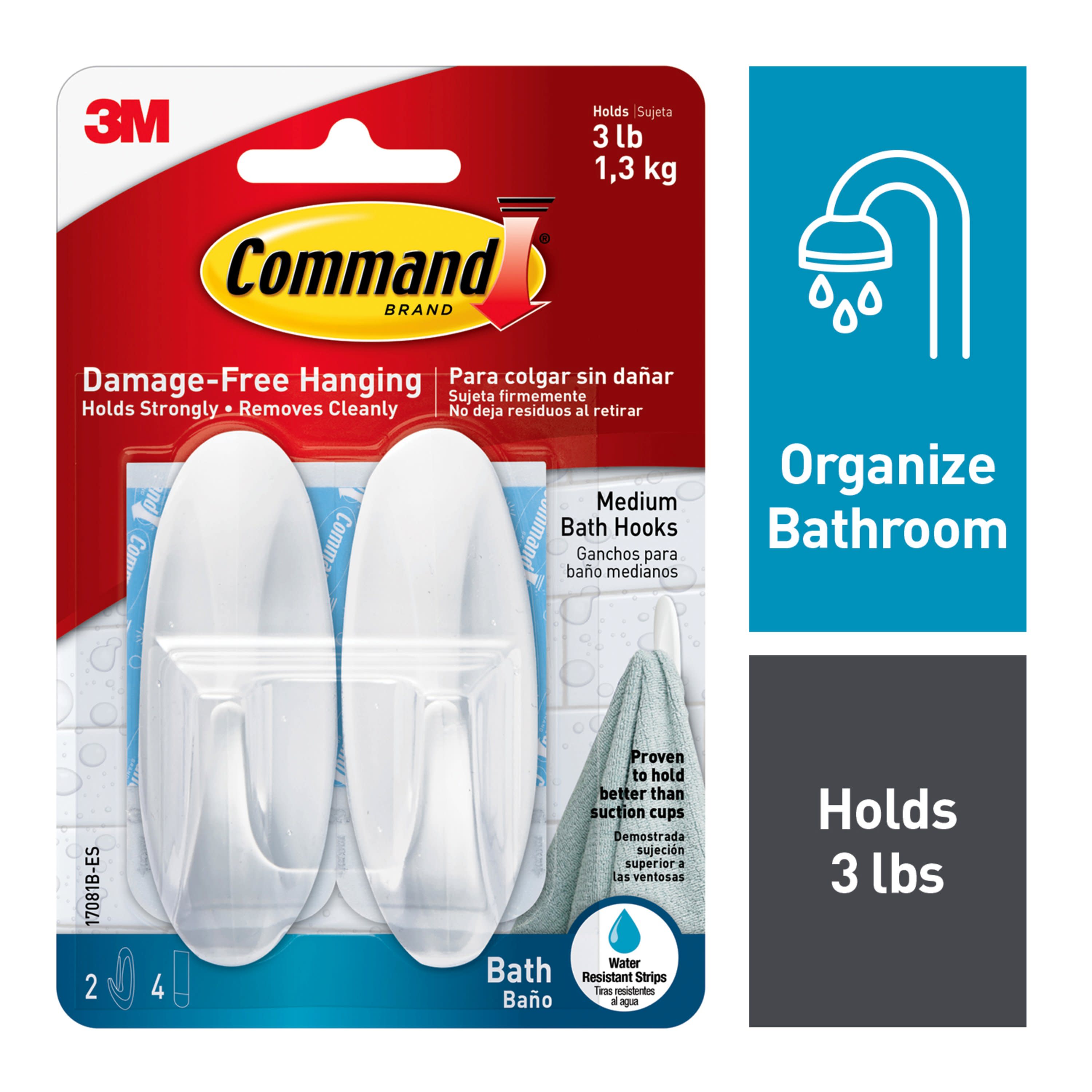 2 Command 3M Medium Self Adhesive Hooks Water Resistant Damage Free Bath Hanger