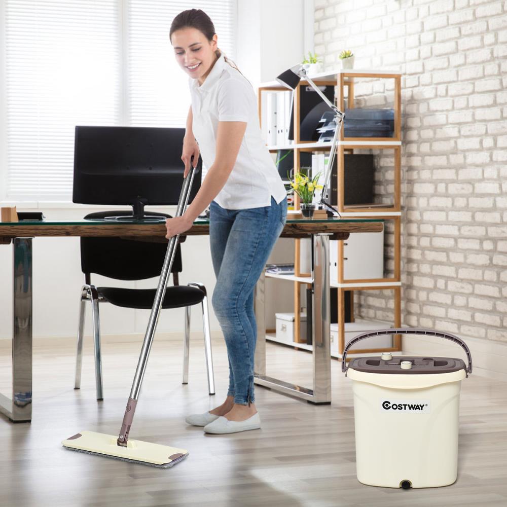 US Flat Squeeze Mop Bucket 5 Microfiber Mop Pads Hand Free Wringing Floor Clean