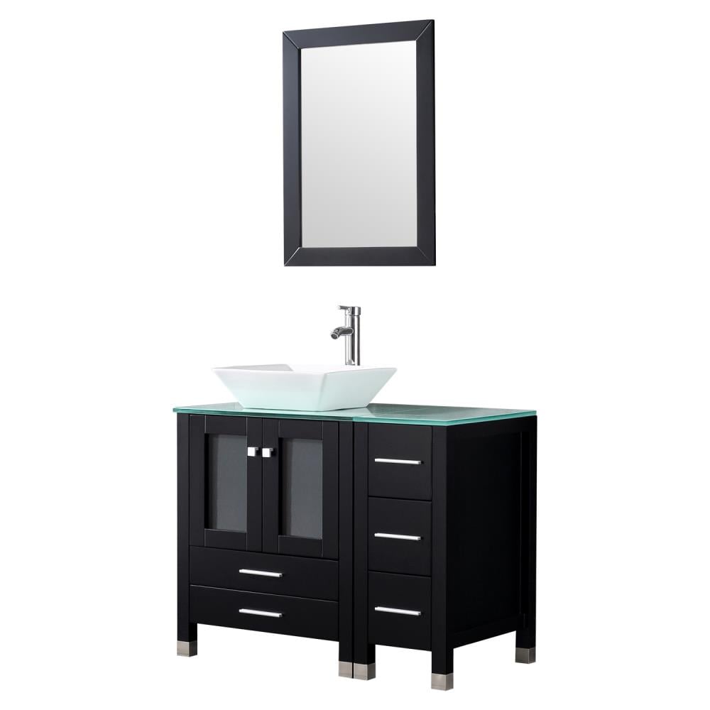 36" Black Bathroom Vanity Mirror Side Cabinet Vessel Glass/Ceramic Sink Faucet 