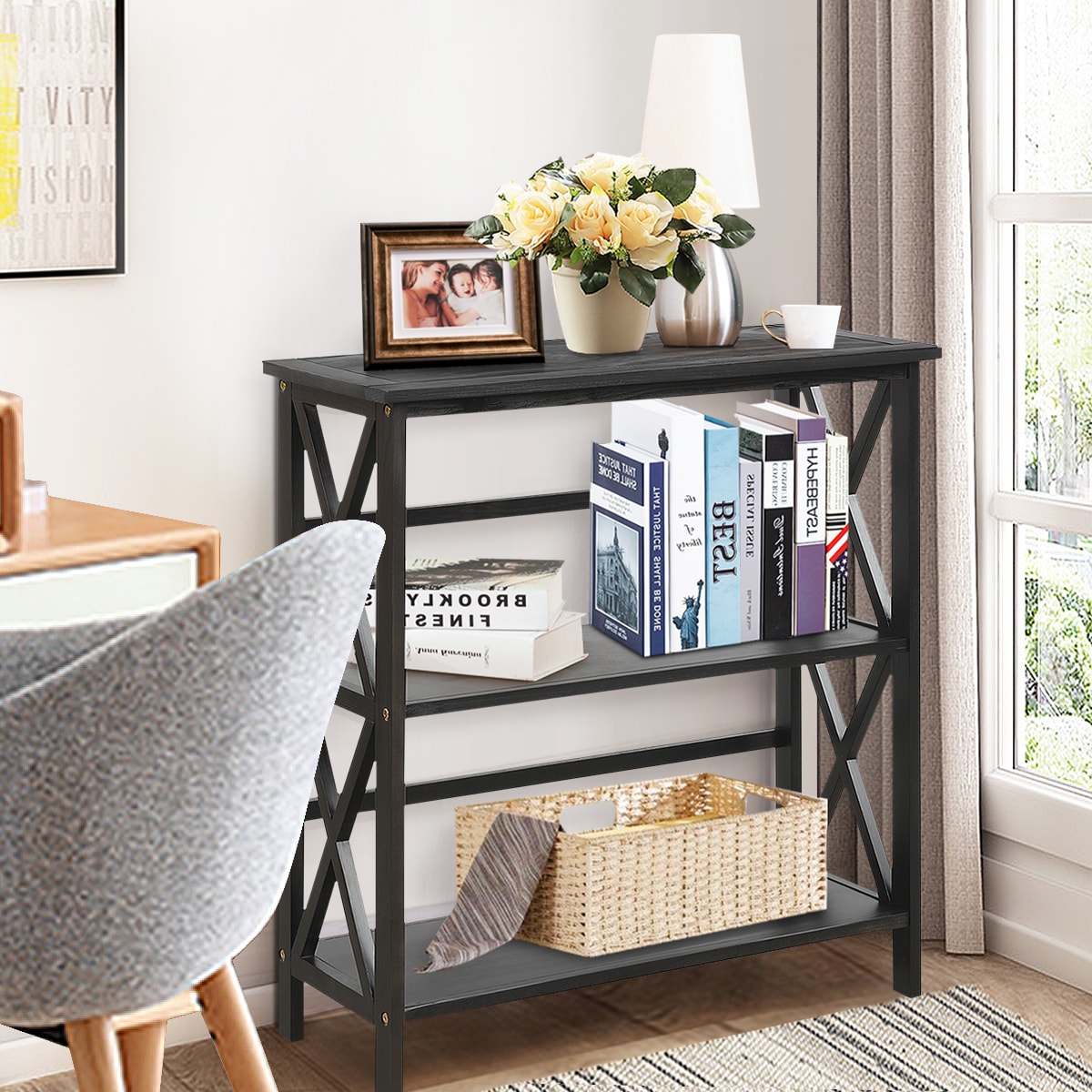 3-Tier Bookcase Shelves Book Storage Small Size Furniture Smart Design Espresso 