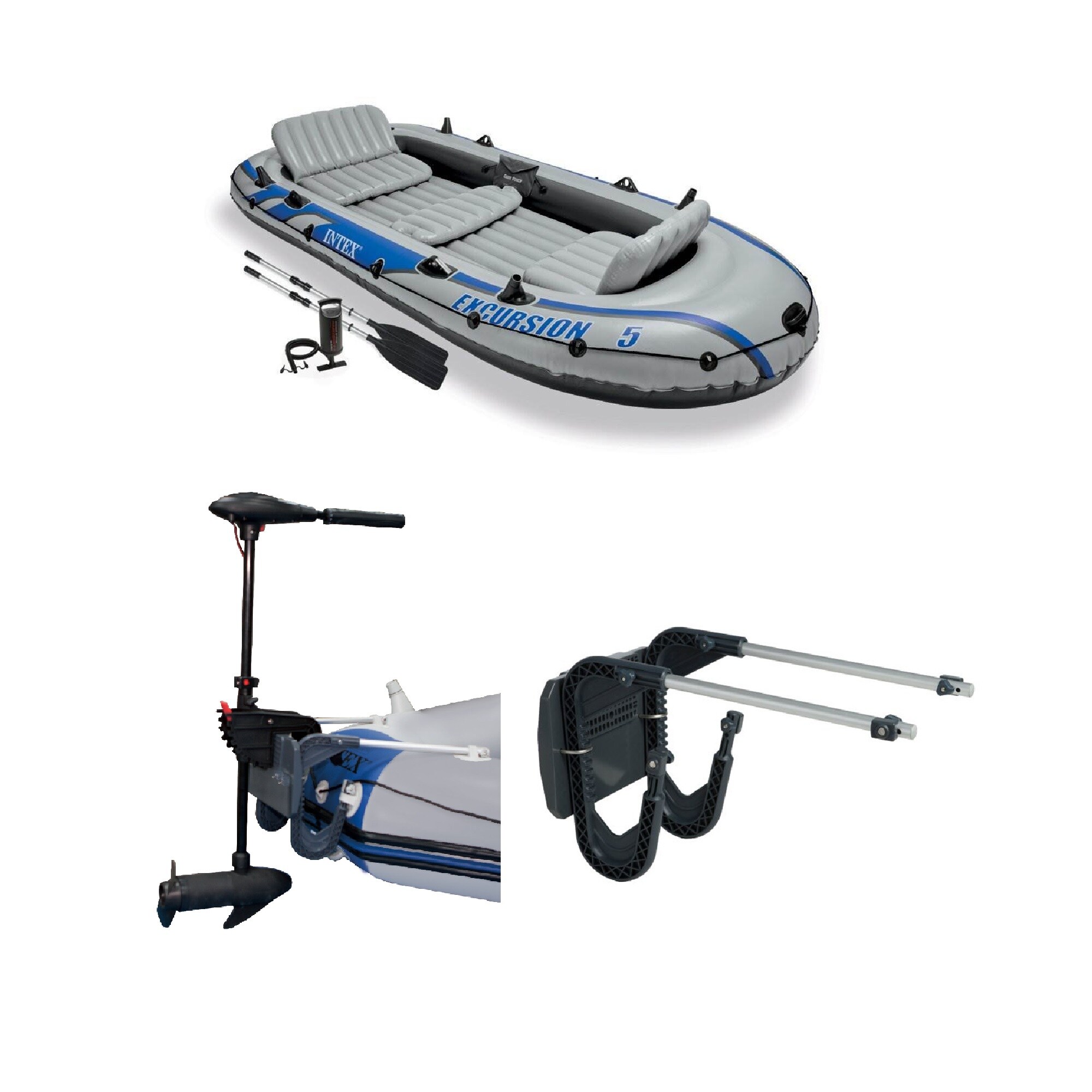 Intex Excursion 5 Inflatable Boat Set & 2 Transom Mount 8 Speed Trolling Motors 
