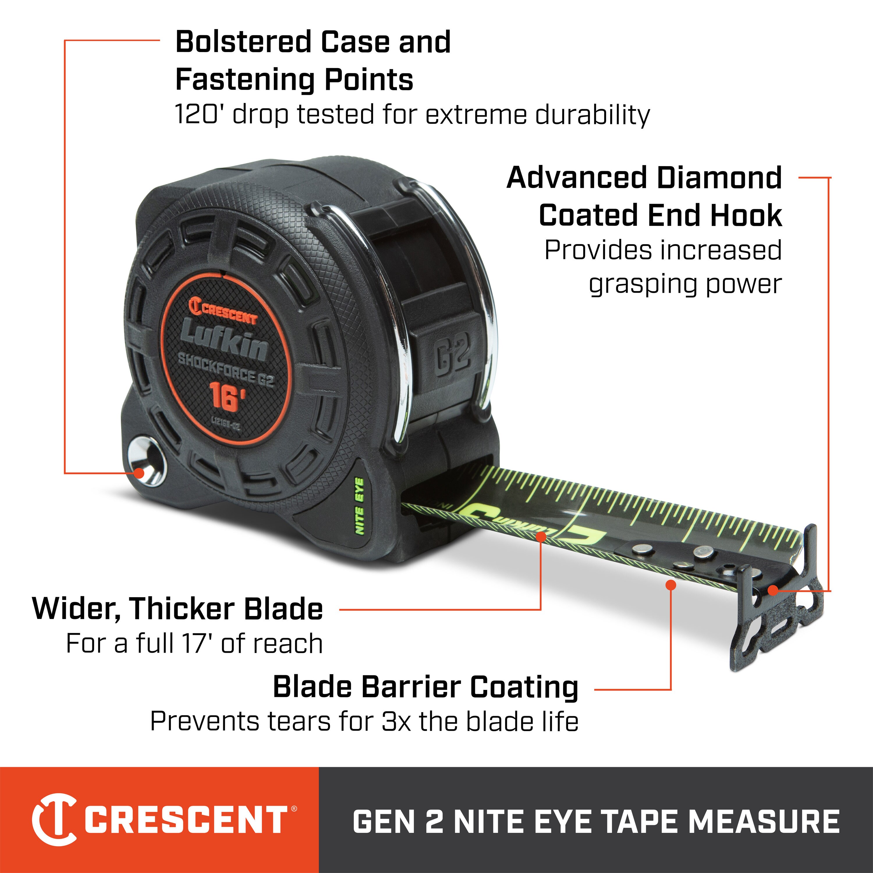 Crescent Lufkin L1116B Shockforce Nite Eye 16' x 1-3/16" Tape Measure 