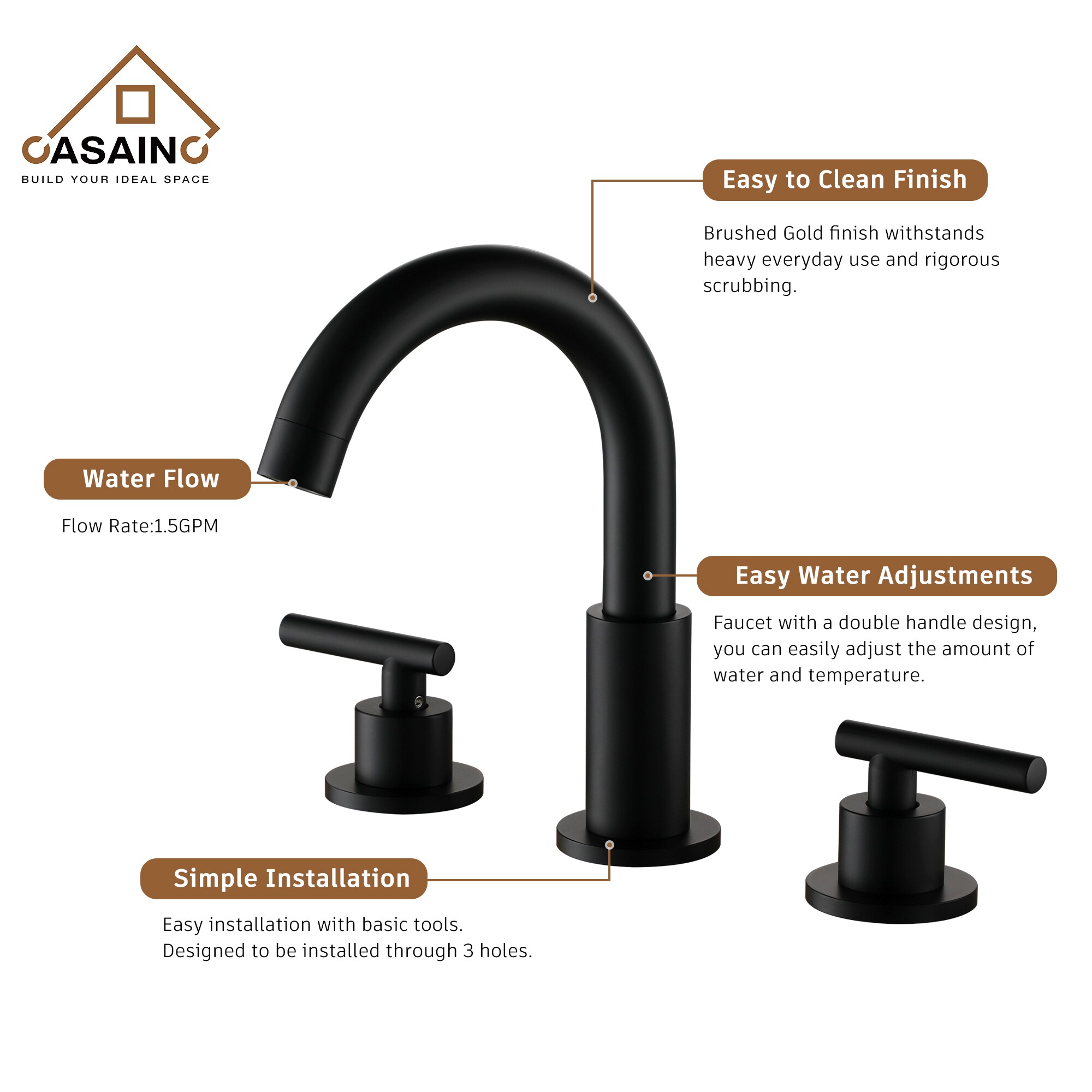 CASAINC Matte Black 2-handle Widespread High-arc Bathroom Sink Faucet