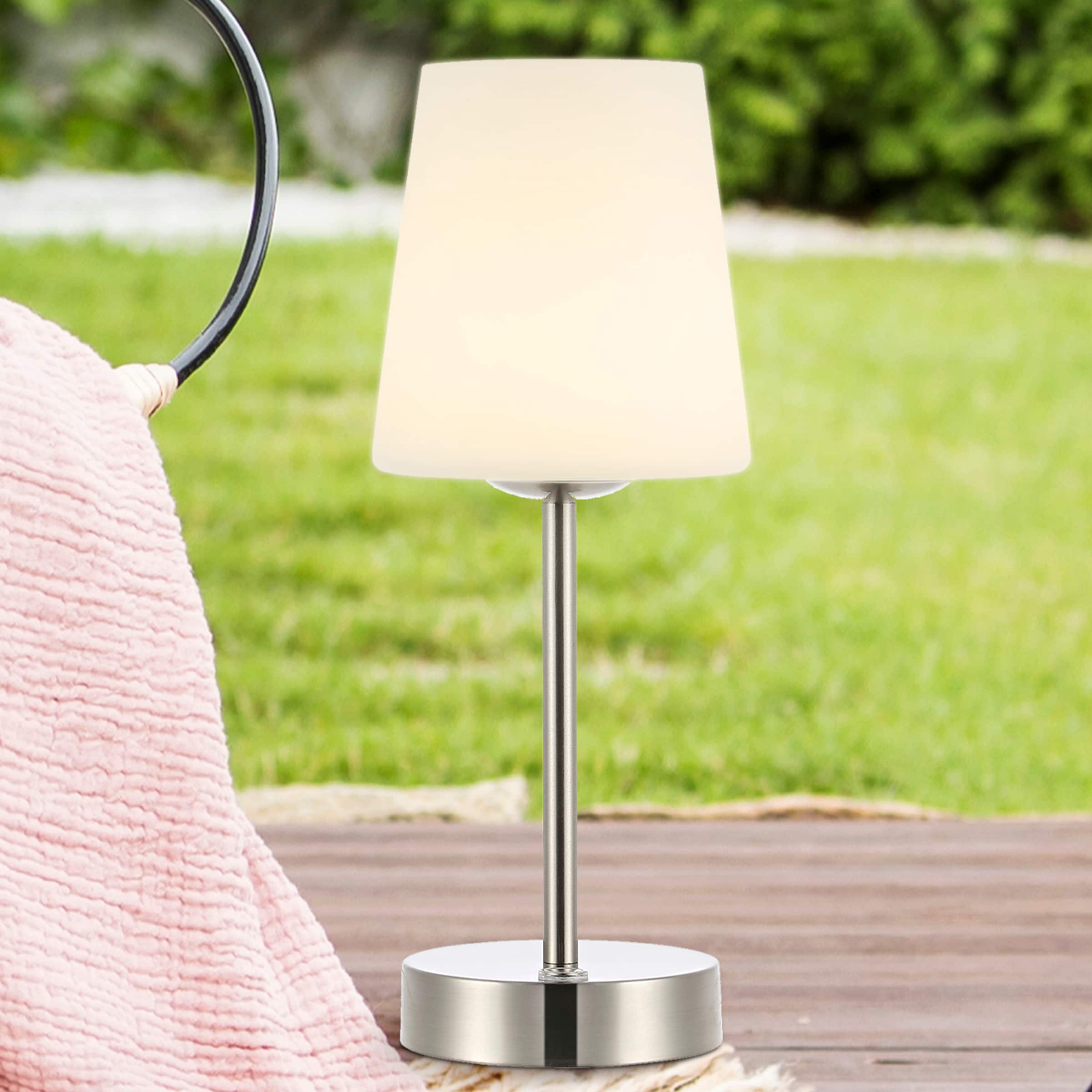 JONATHAN Y Carson Rechargeable Cordless 12.75-in Nickel Stick Table Lamp with Glass Shade