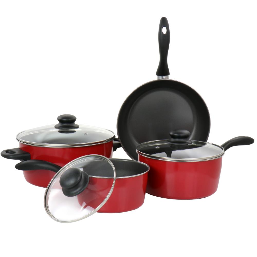 7PCS Non-stick Ceramic Coated RED Saucepans Cookware Set Frying Pan Glass Lid 