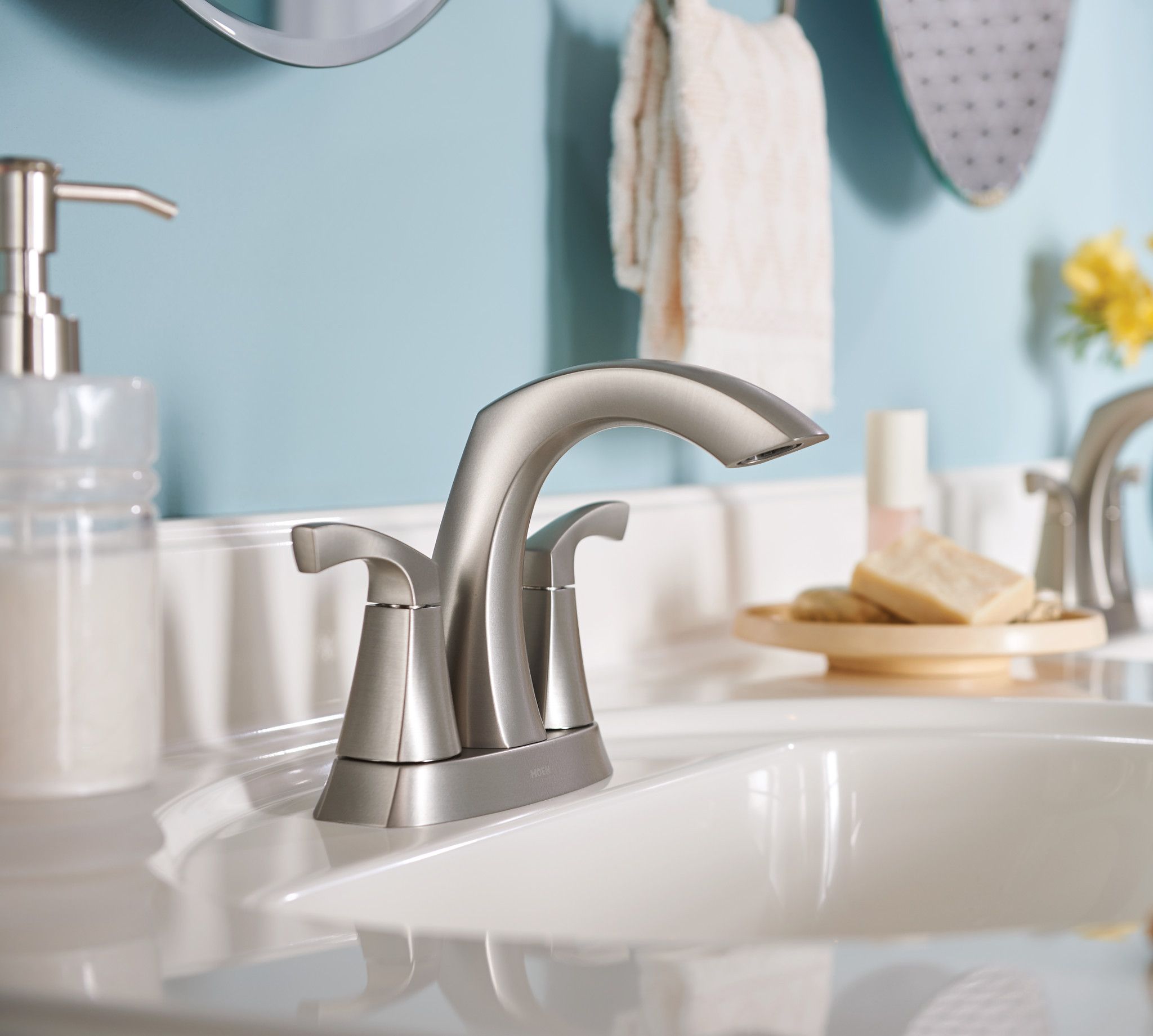 Moen Vale 4” Centerset 84111MSRN 2-Handle Bathroom Faucet in Spot Resist Nickel 