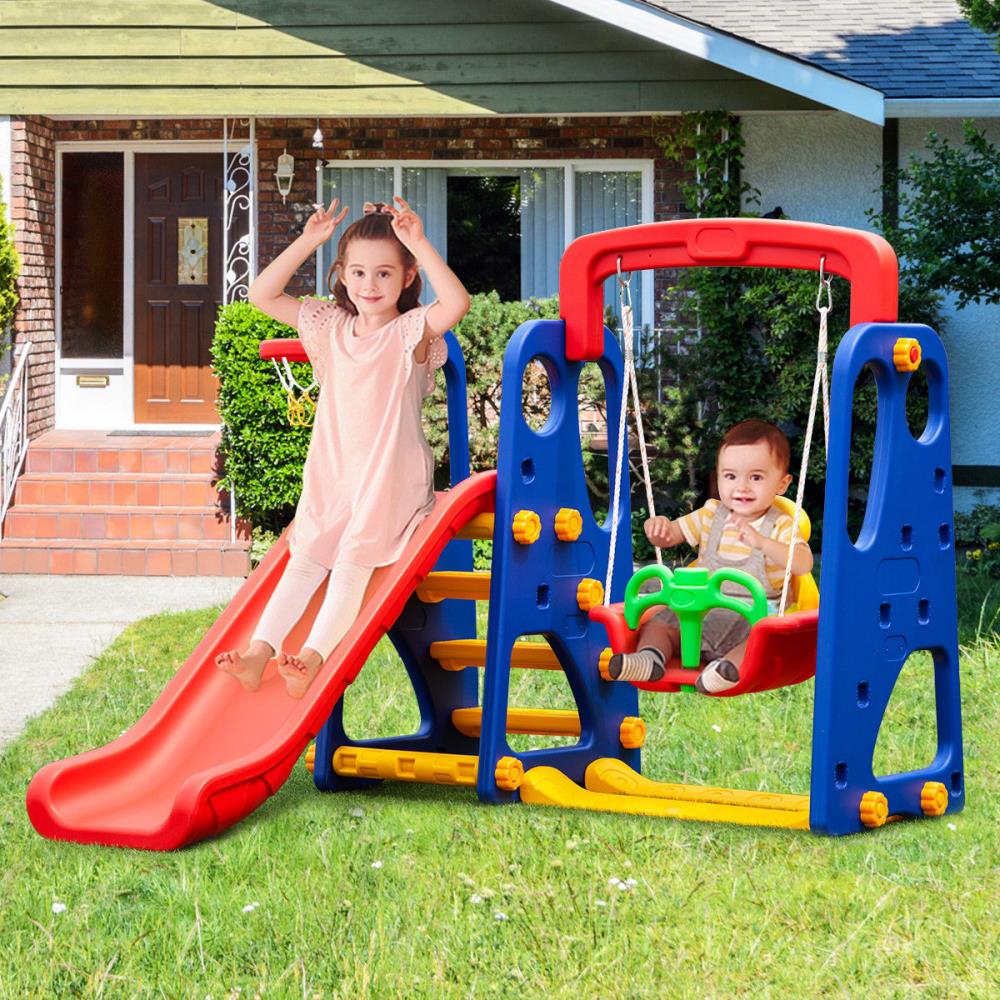 Toddler Climber And Swing Set 3 in 1 Climber Sliding Playset w/Basketball Hoop 