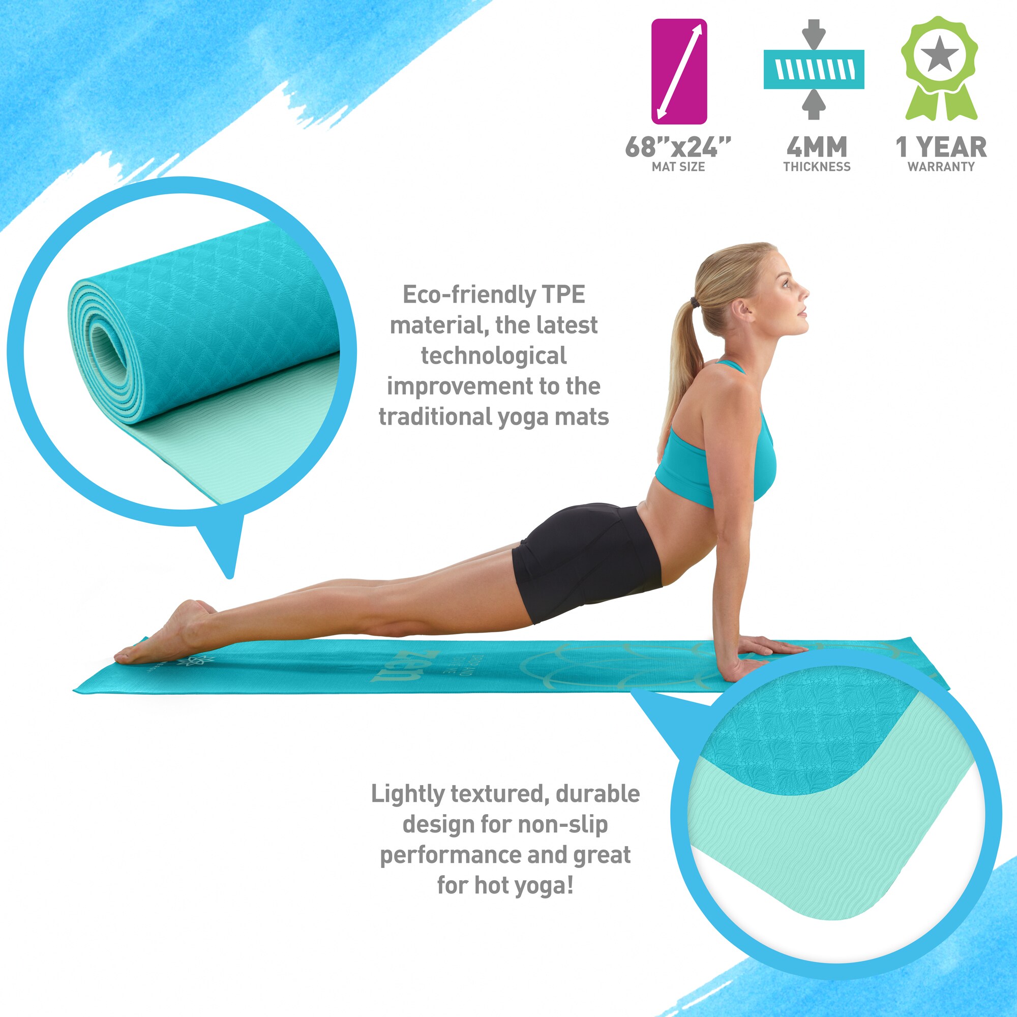 Homtiky Non-Slip TPE with Blue Yoga Mat Exercise Fitness Mat 