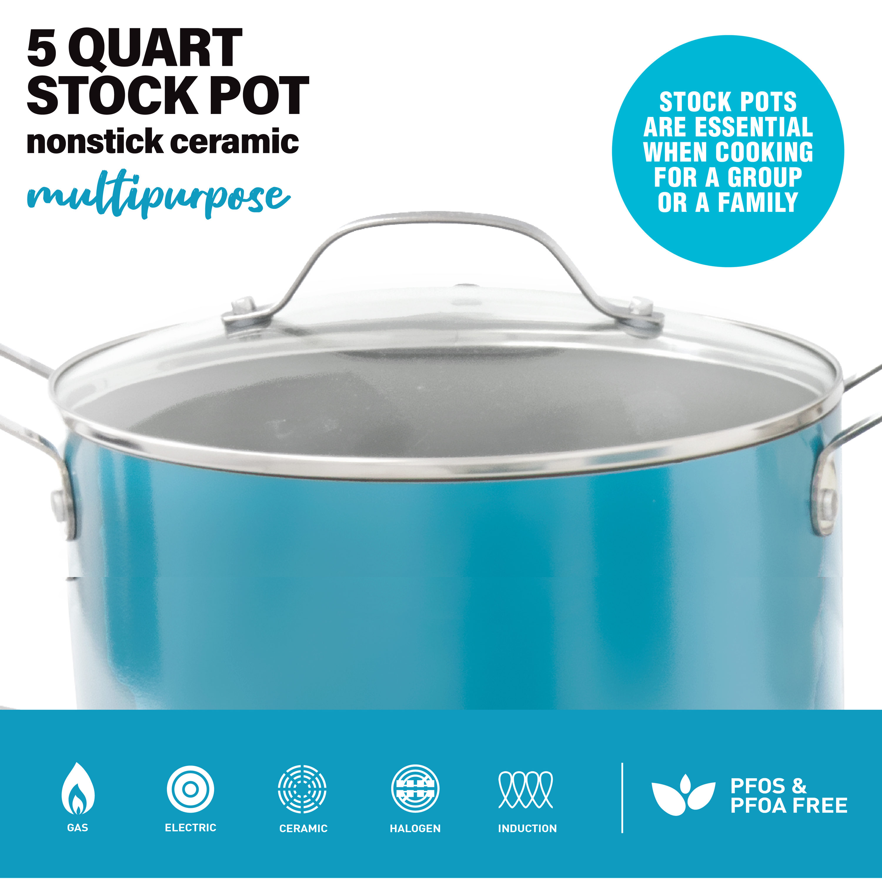 GOTHAM STEEL Ocean Blue 3-Quart Stock Pot with Ultra Durable Diamond Coating-Oven & Dishwasher Safe 100% PFOA Free Includes Tempered Glass Lid