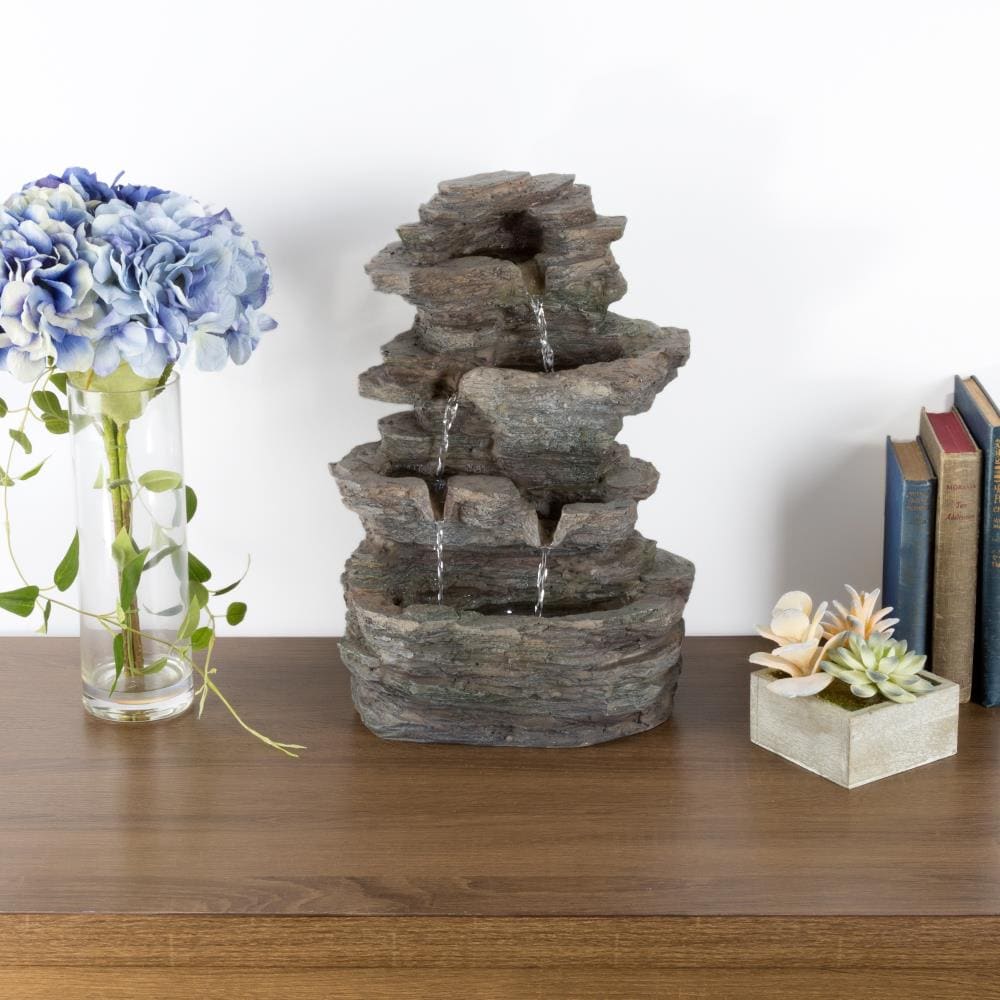 Tabletop Water Fountain LED Lights Cascading Stone Rock Falls 15.5 Inches High 