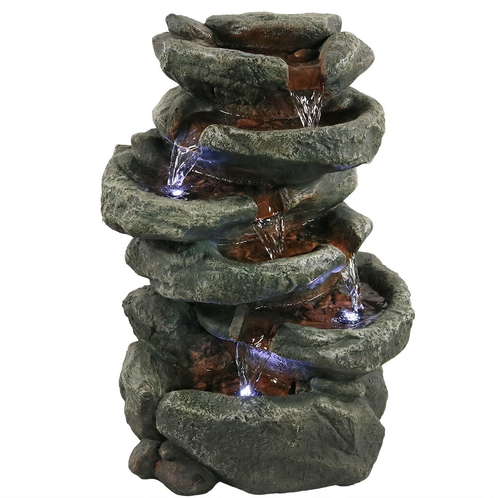 Sunnydaze 6 Tier Stone Falls Tabletop Indoor Water Fountain Feature w/ LED 15" 