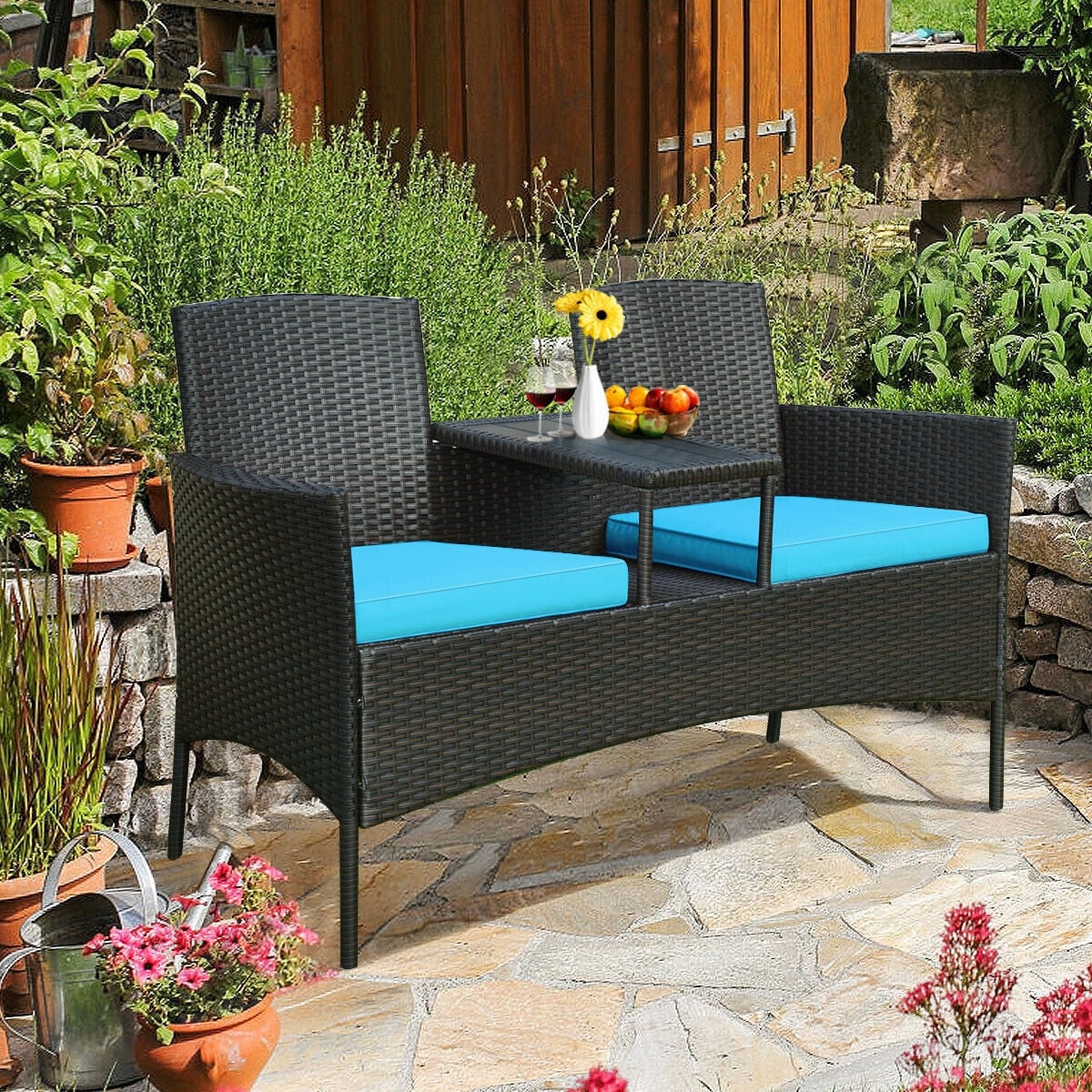 2 Seat Outdoor Patio Deck Rattan Cushioned Furniture Set Chair Tea Table Bench