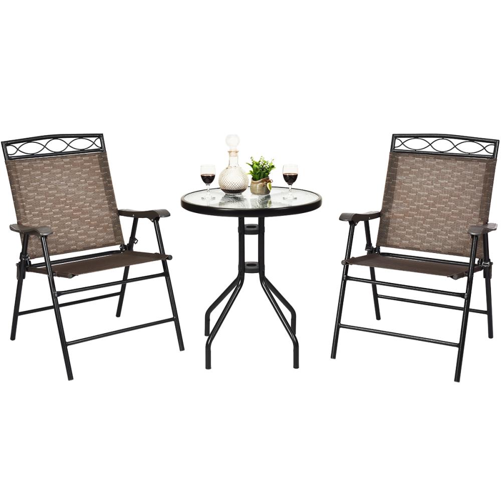 Goplus 3 Piece Bistro Set All Weather Patio Furniture Indoor & Outdoor Garden Round Table and Folding Chairs 
