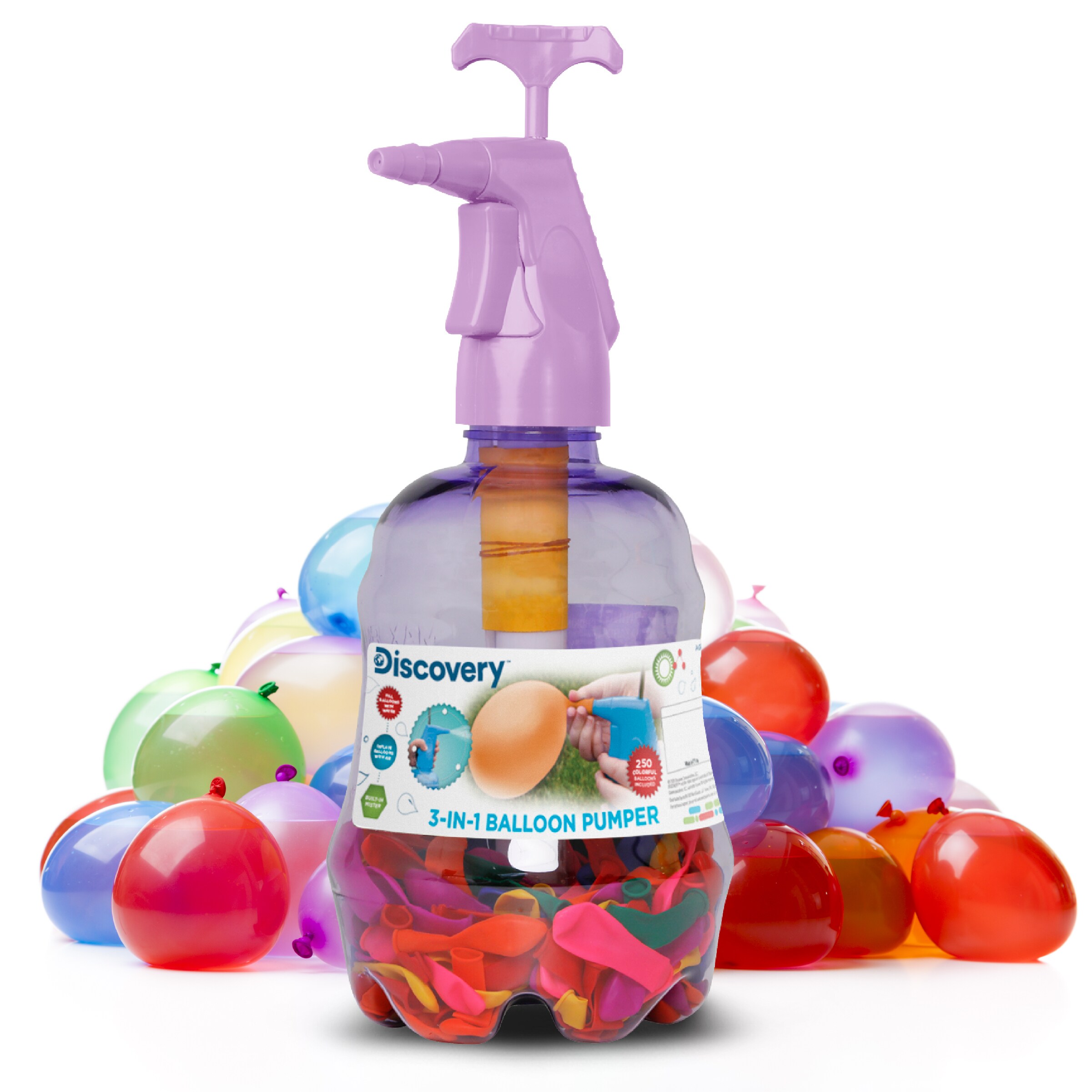 Fill with Water No Tap or Hose Required Portable Discovery Kids 3-in-1 Balloon Pumper with 250 Multicolor Water Balloons Active Play Outdoors Blow Up with Air Easy-Fill Nozzle Cool Down Mister 