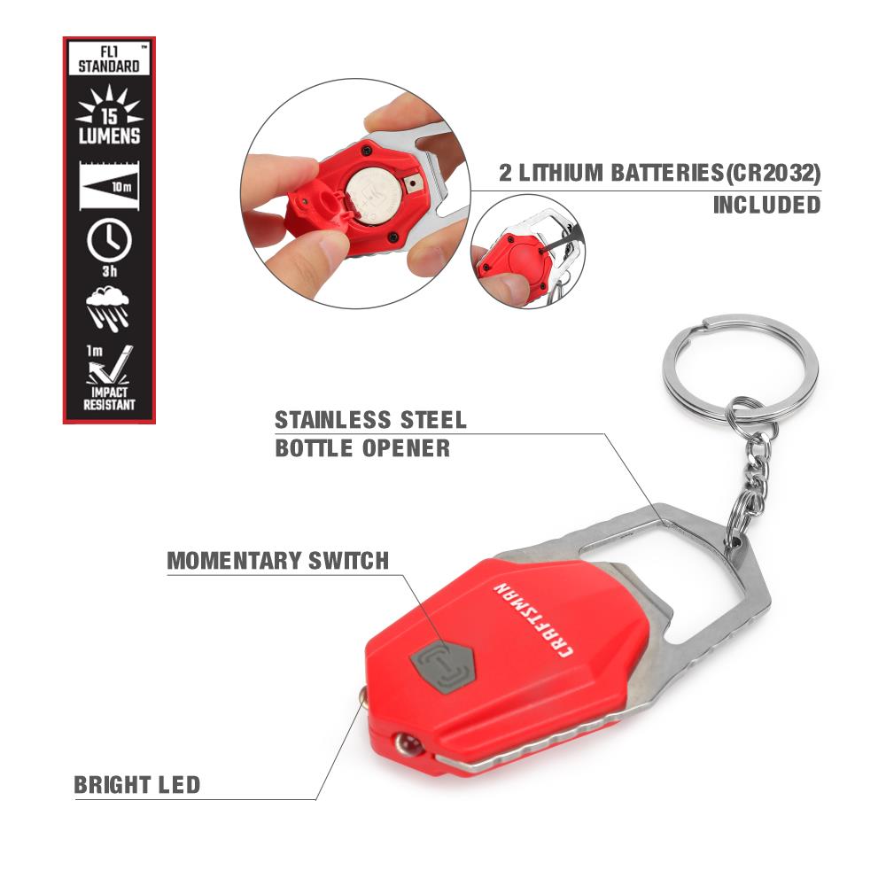 CRAFTSMAN Red Keychain Bottle Opener LED 15 Lumen Light Stainless Steel 