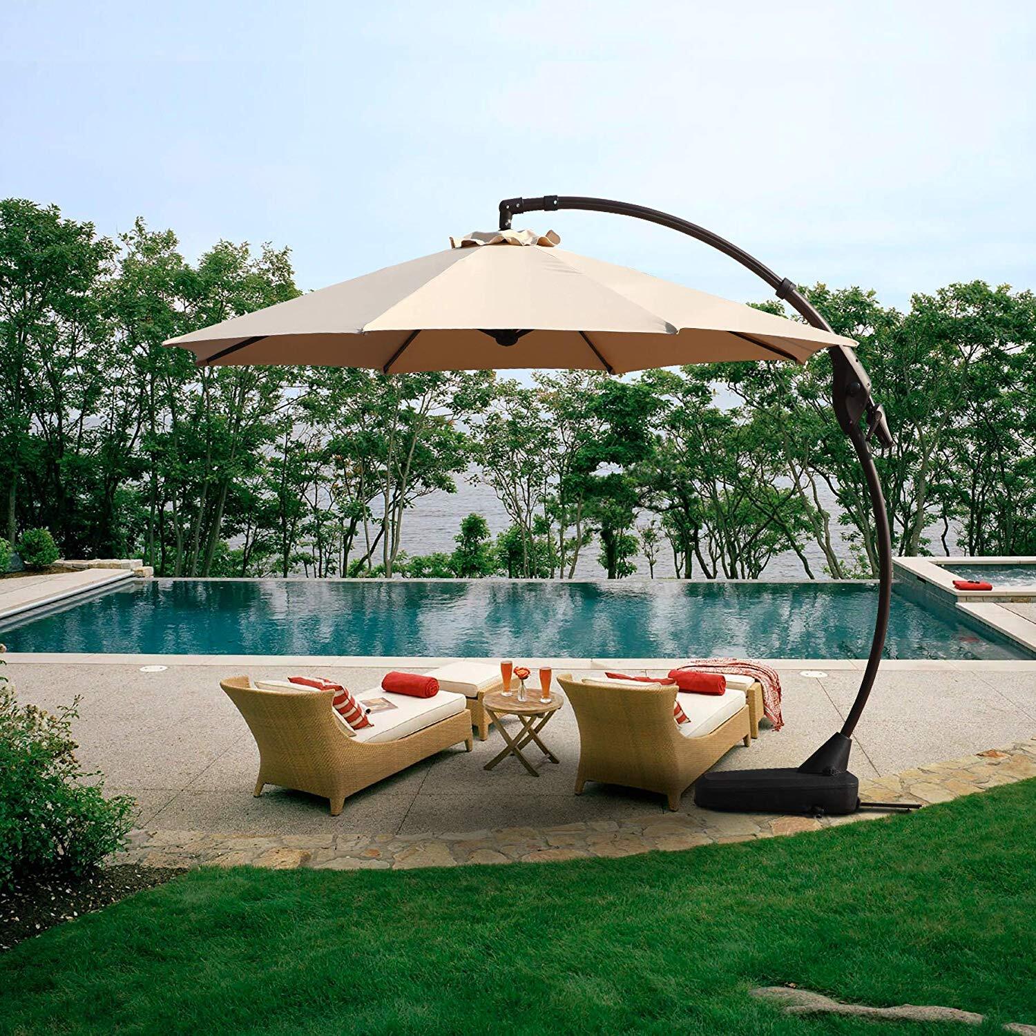 Stand Offset 10' Hanging Deck Backyard Pool Poolside USA Gray Patio Umbrella 