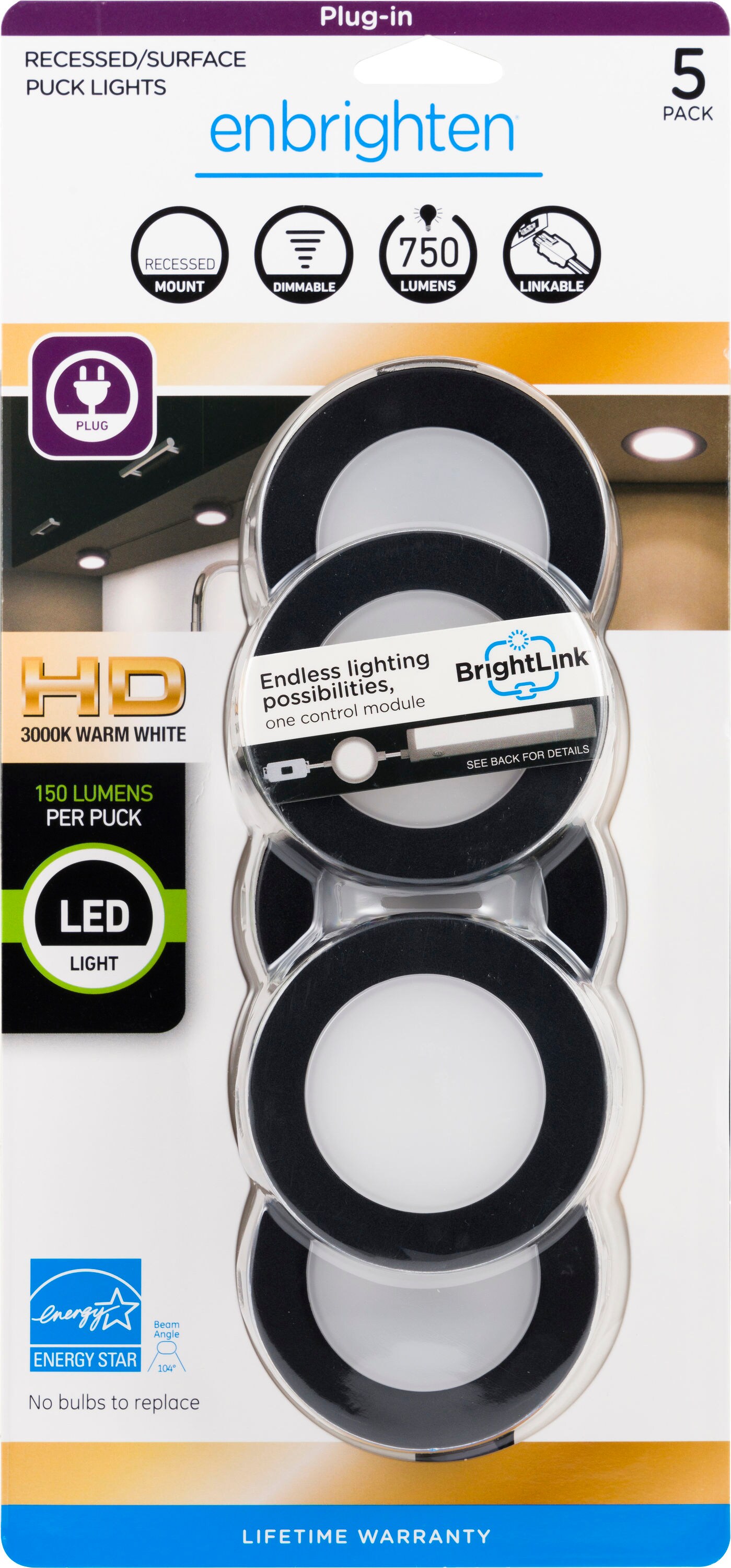 Enbrighten Recessed Surface Mount Puck Lights 5 Pack Plug in 44974 for sale online 
