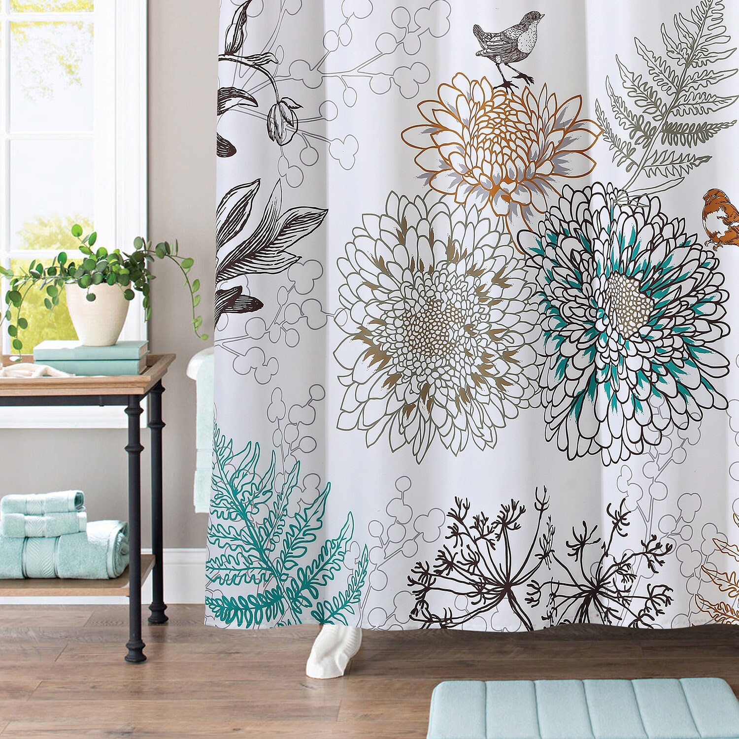 Blue Painted Modern Flowers Shower Curtain Black White Floral Painting 