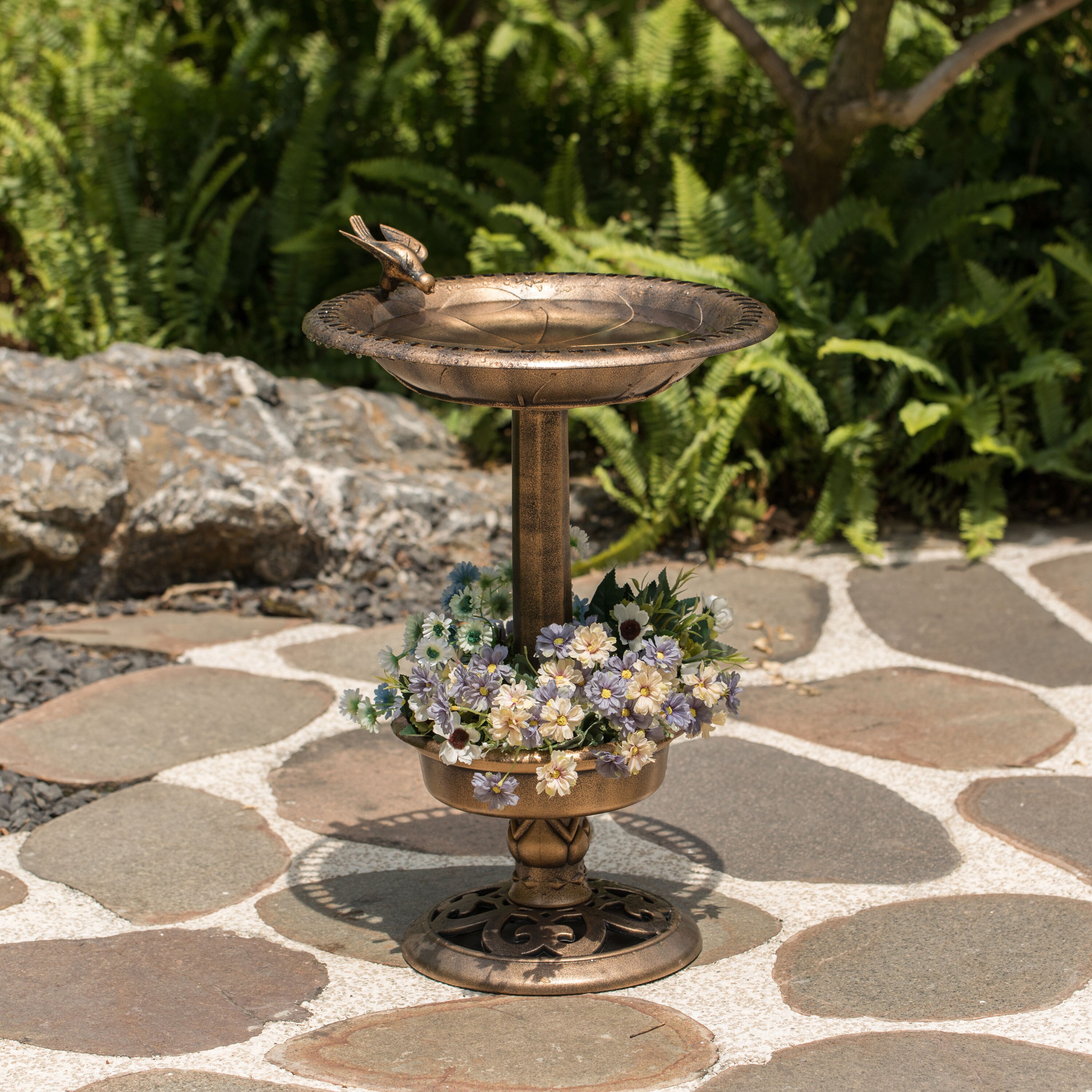 BIRD BATH FEEDER STATION WITH DOUBLE SOLAR LIGHT FREE STANDING ORNAMENT PLANTER 
