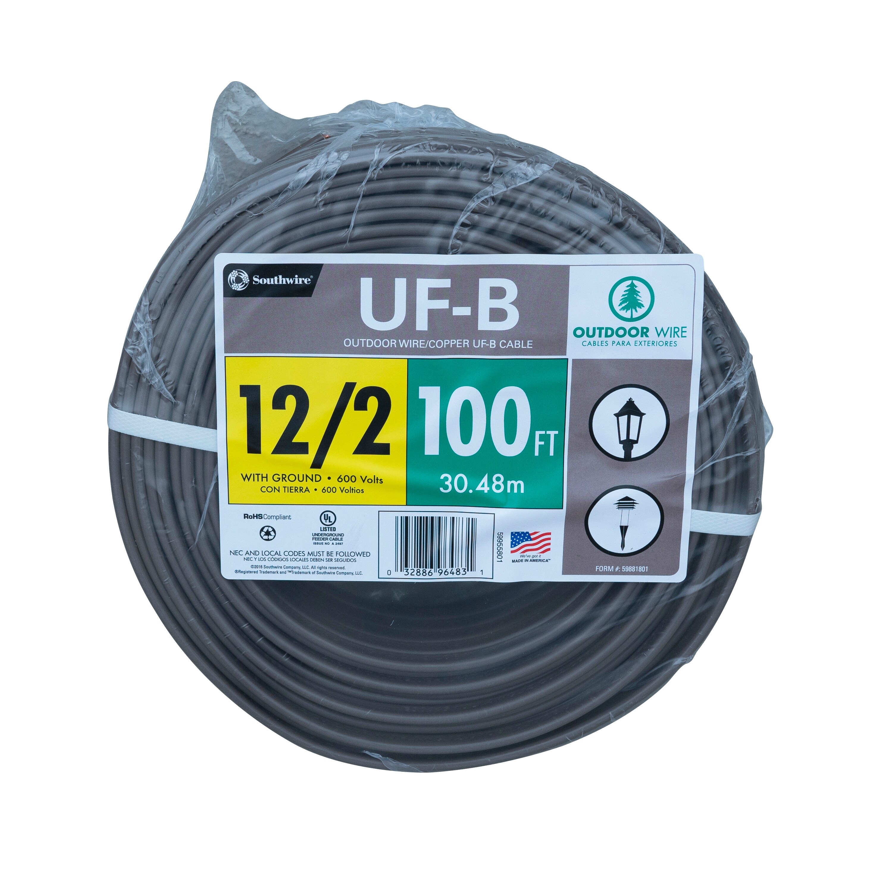 250' Roll 12-2 AWG UF-B Gauge Outdoor Burial Electrical Feeder Copper Wire Cable 