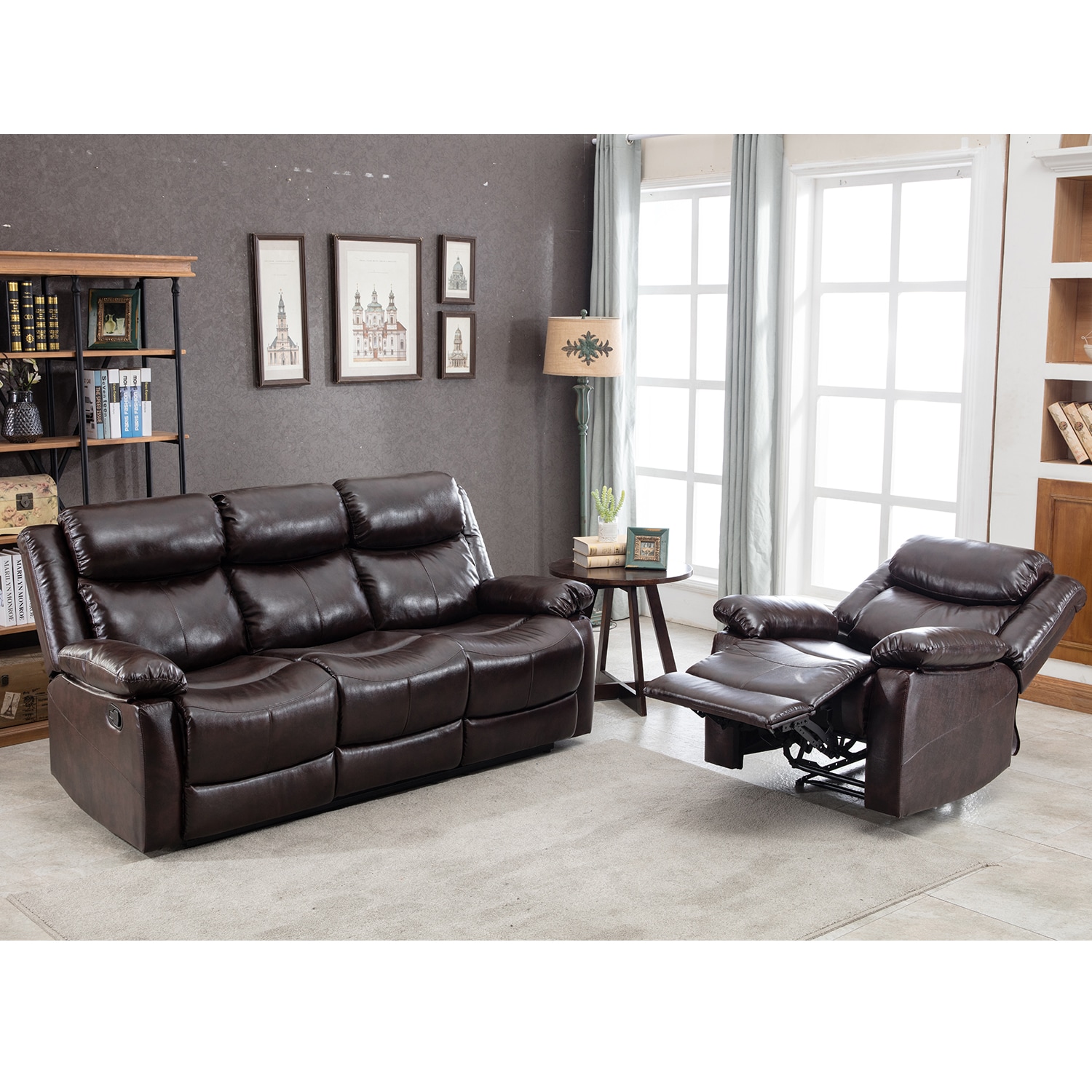 3 PC Dark Tan Brown Genuine Leather Sofa Loveseat Chair Living room Set 