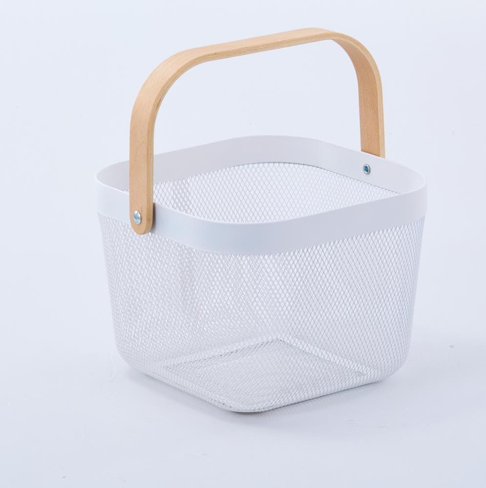 Style Selections Wire Basket Wood Handle 10.11-in W x 7.16-in H x 10.11-in  D Powdercoating White Steel Stackable Basket in the Storage Bins & Baskets  department at Lowes.com