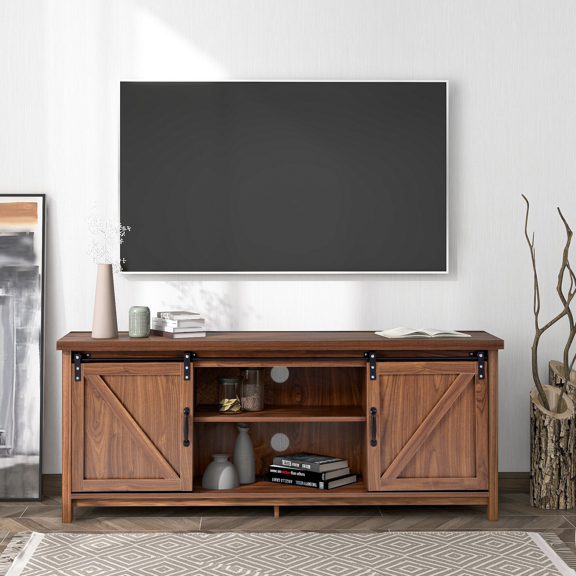 mozaïek restaurant sla CASAINC Farmhouse Modern TV Stand Entertainment Center for TVs up to 65  Inches with 2 Sliding Doors in the TV Stands department at Lowes.com