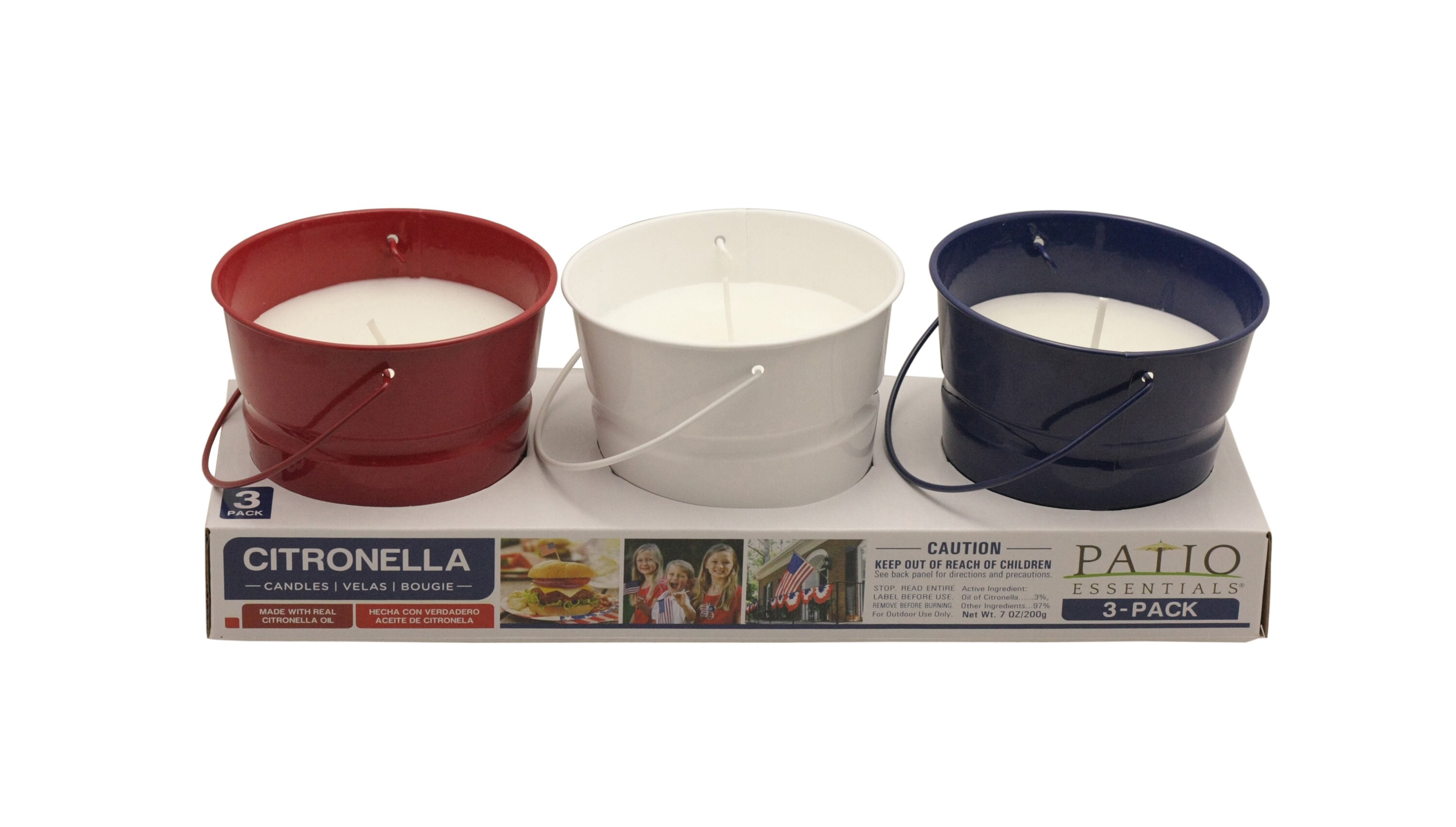CITRONELLA PATIO GARDEN CANDLE BUCKETS SET OF 3 RED BLUE GREEN OUTDOOR LIGHT 
