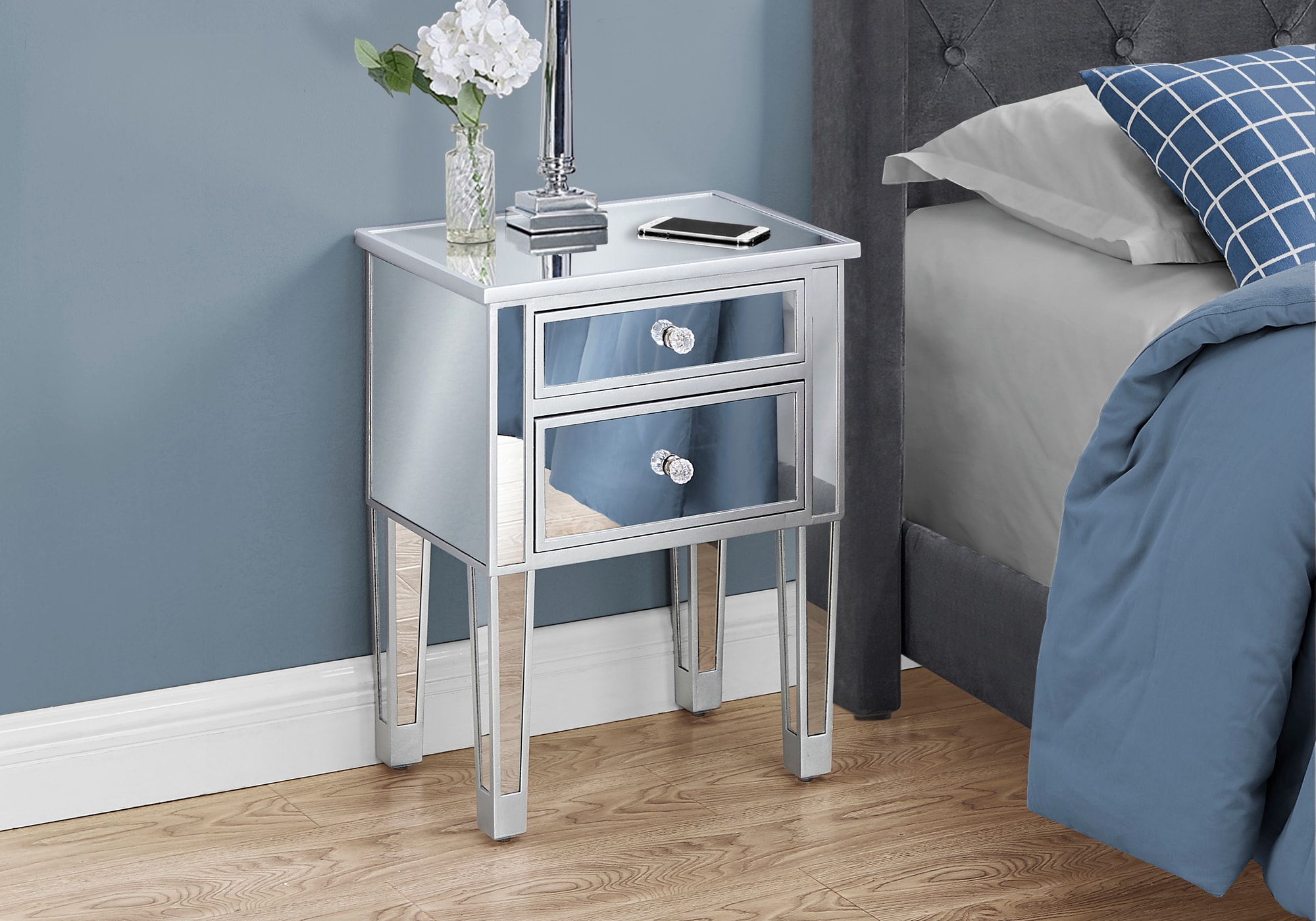 Mariah Crushed Diamond Mirrored Bedside Table in Silver