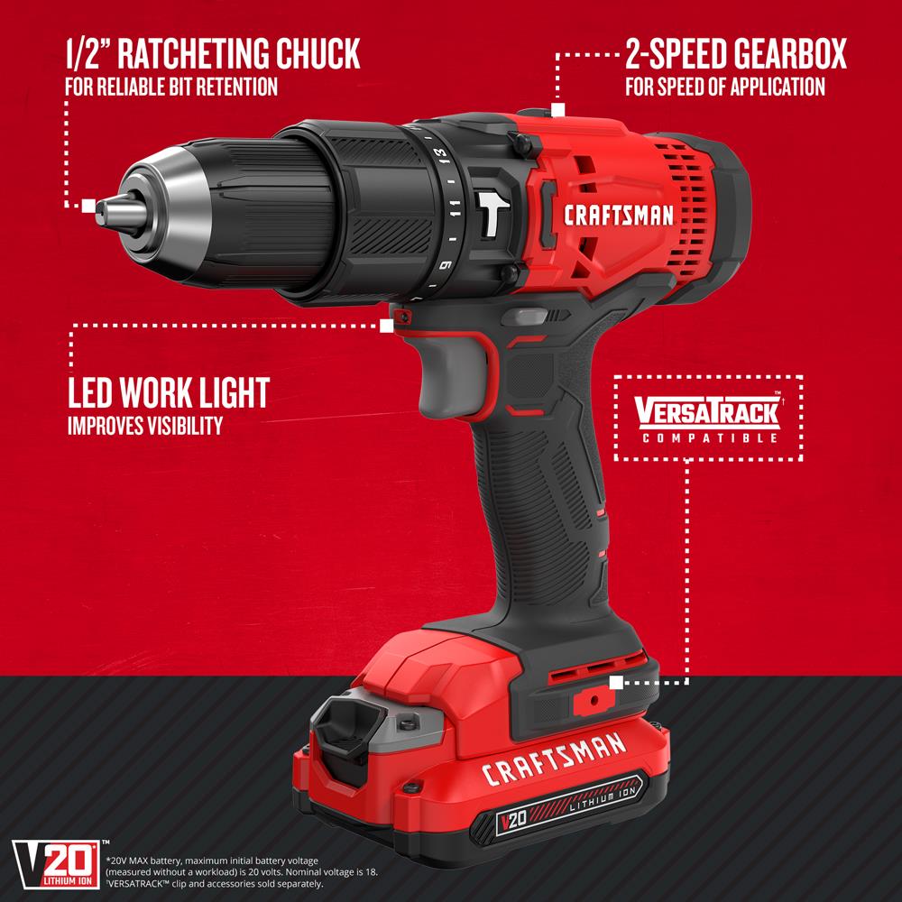 CRAFTSMAN V20 1/2in 20Volt Max Variable Speed Cordless Hammer Drill