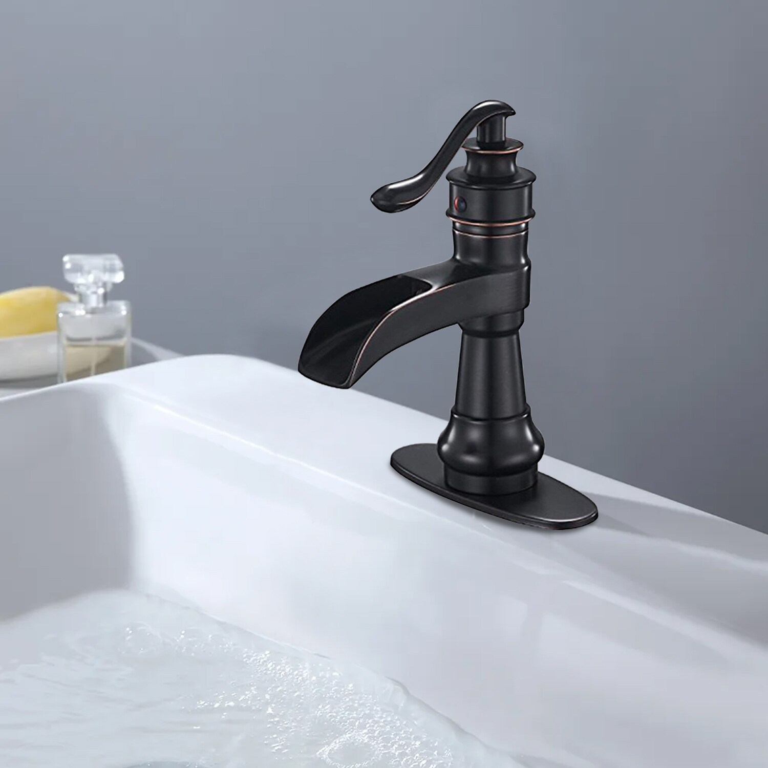 WELLFOR FOR HOME Bathroom Sink Faucets Oil Rubbed Bronze 1-handle Single Hole Waterfall Bathroom Sink Faucet with Drain with Deck Plate