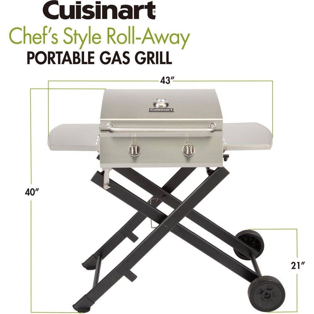 Black Cuisinart CGG-240 All Foods Roll-Away Gas Grill Stainless Steel & CGC-21 All-Foods Gas Grill Cover 27.3 L x 38 W x 23.5 H 