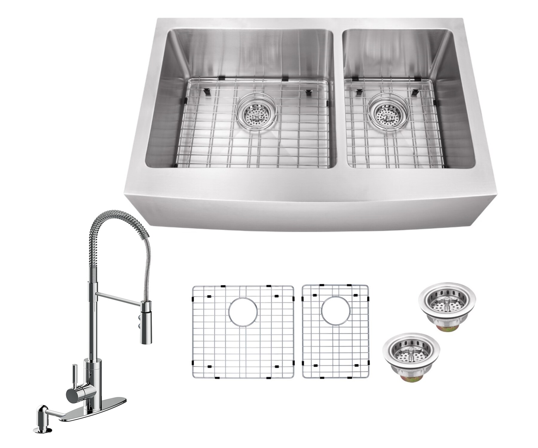 Superior Sinks Farmhouse Apron Front 35.875-in x 20.75-in Brushed Satin  Double Offset Bowl Kitchen Sink All-in-one Kit