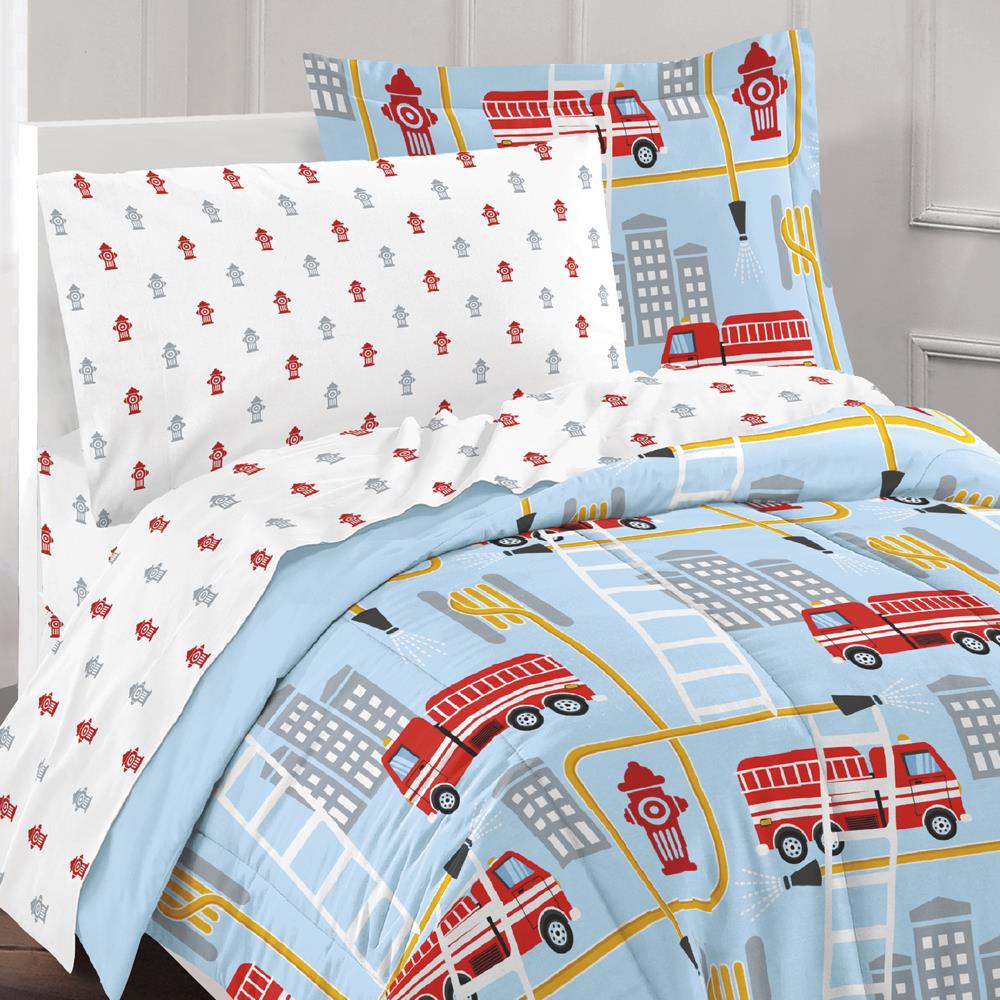 Full Blue Fire Truck dream FACTORY Kids 7-Piece Complete Set Easy-Wash Super Soft Microfiber Comforter Bedding