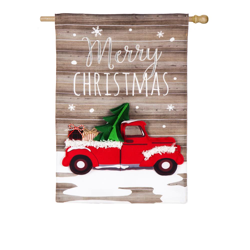 Merry Christmas Red Truck with Gift Linen Double Sided Yard Garden Flag Decor-WI 