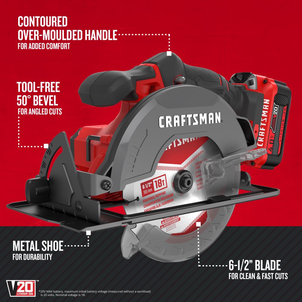 CRAFTSMAN V20 20-Volt Max 6-1/2-in Cordless Circular Saw Kit Circular Saw  (1-Battery and Charger Included)