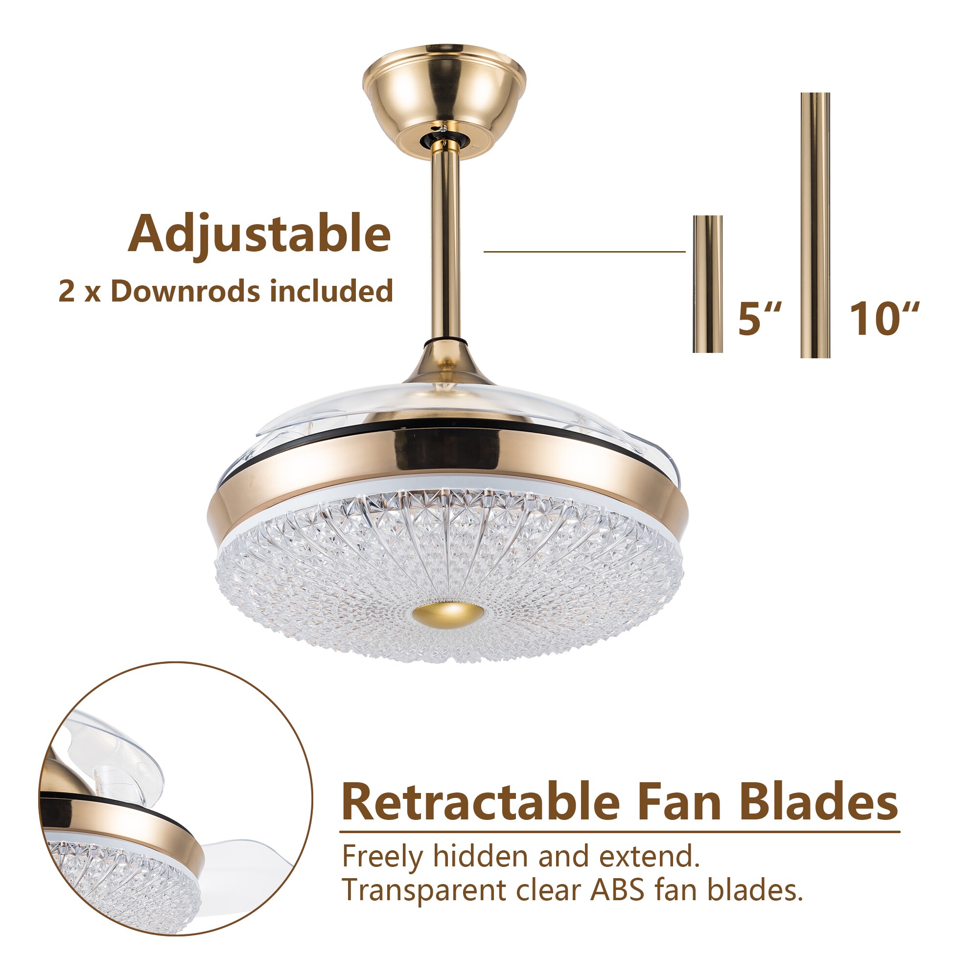 Bella Depot Retractable Fan 36-in Gold Color-changing LED Indoor 