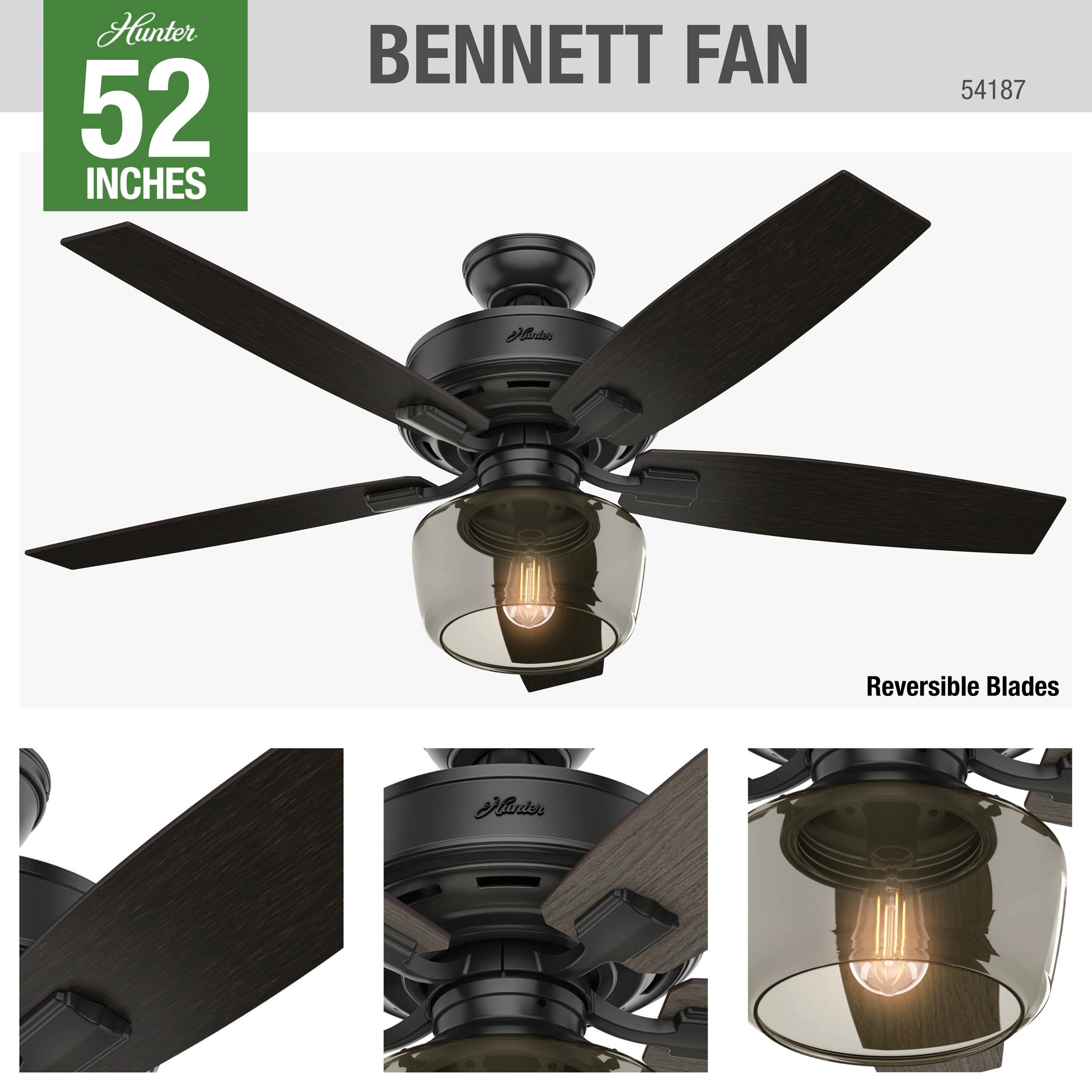 Matte Black for sale online Hunter Bennett Indoor Ceiling Fan with LED Light 