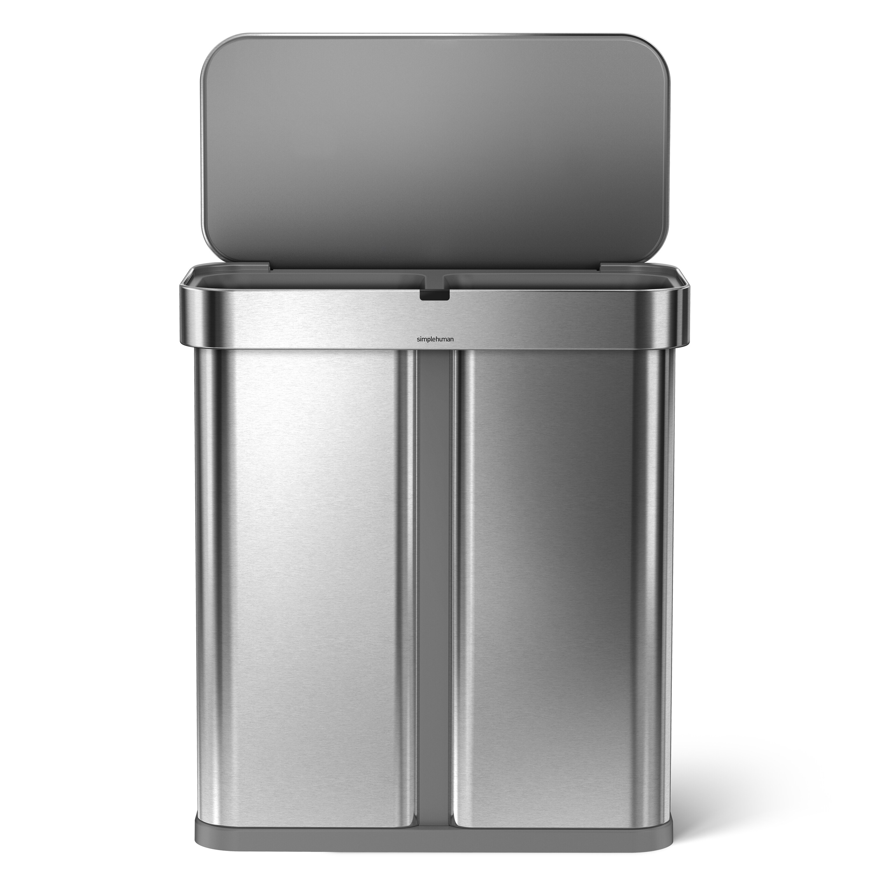 15.3 Gallon Touch-Free Dual Compartment Rectangular Kitchen Trash Can Recycler Voice and Motion Sensor Activated White Stainless Steel simplehuman 58 Liter