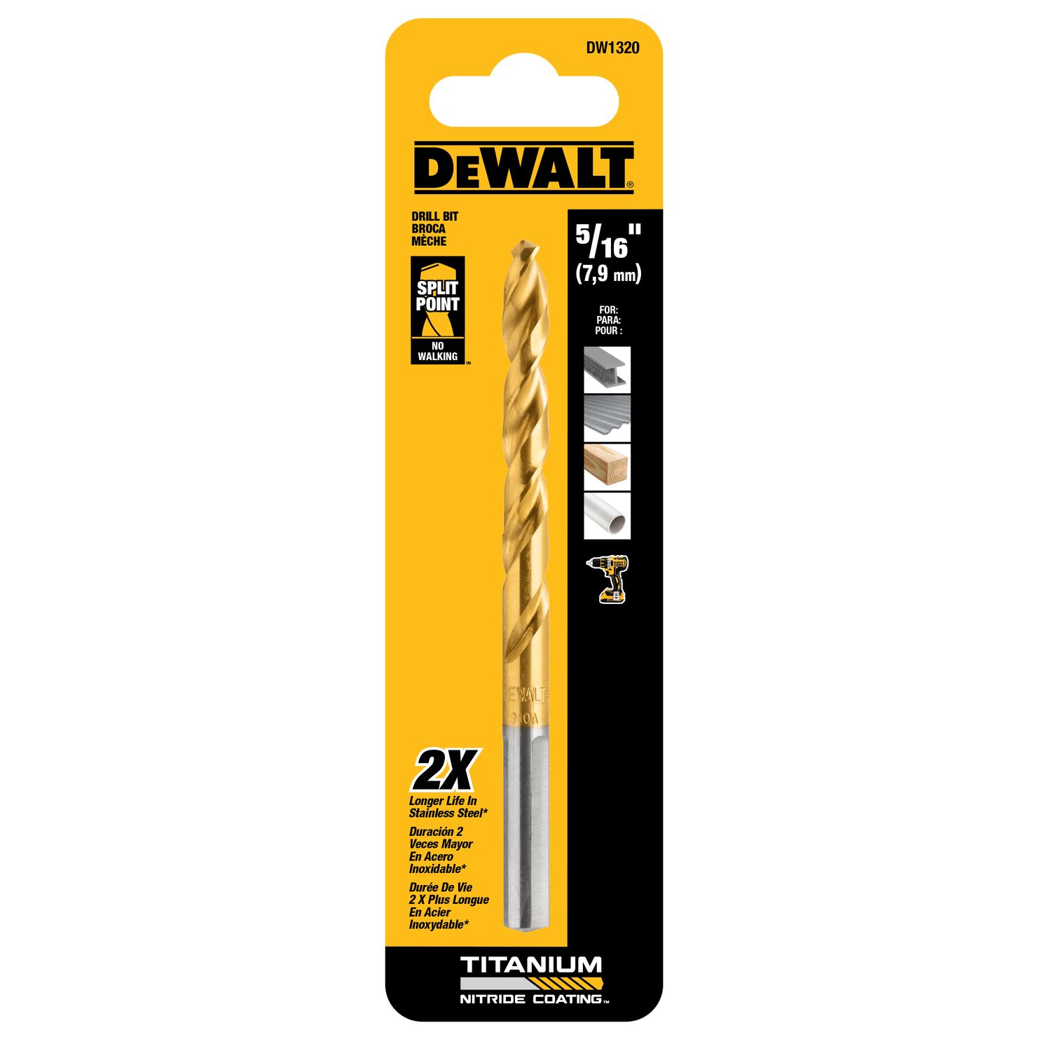 DEWALT DW1320 5/16-Inch Titanium Split Point Twist Drill Bit 