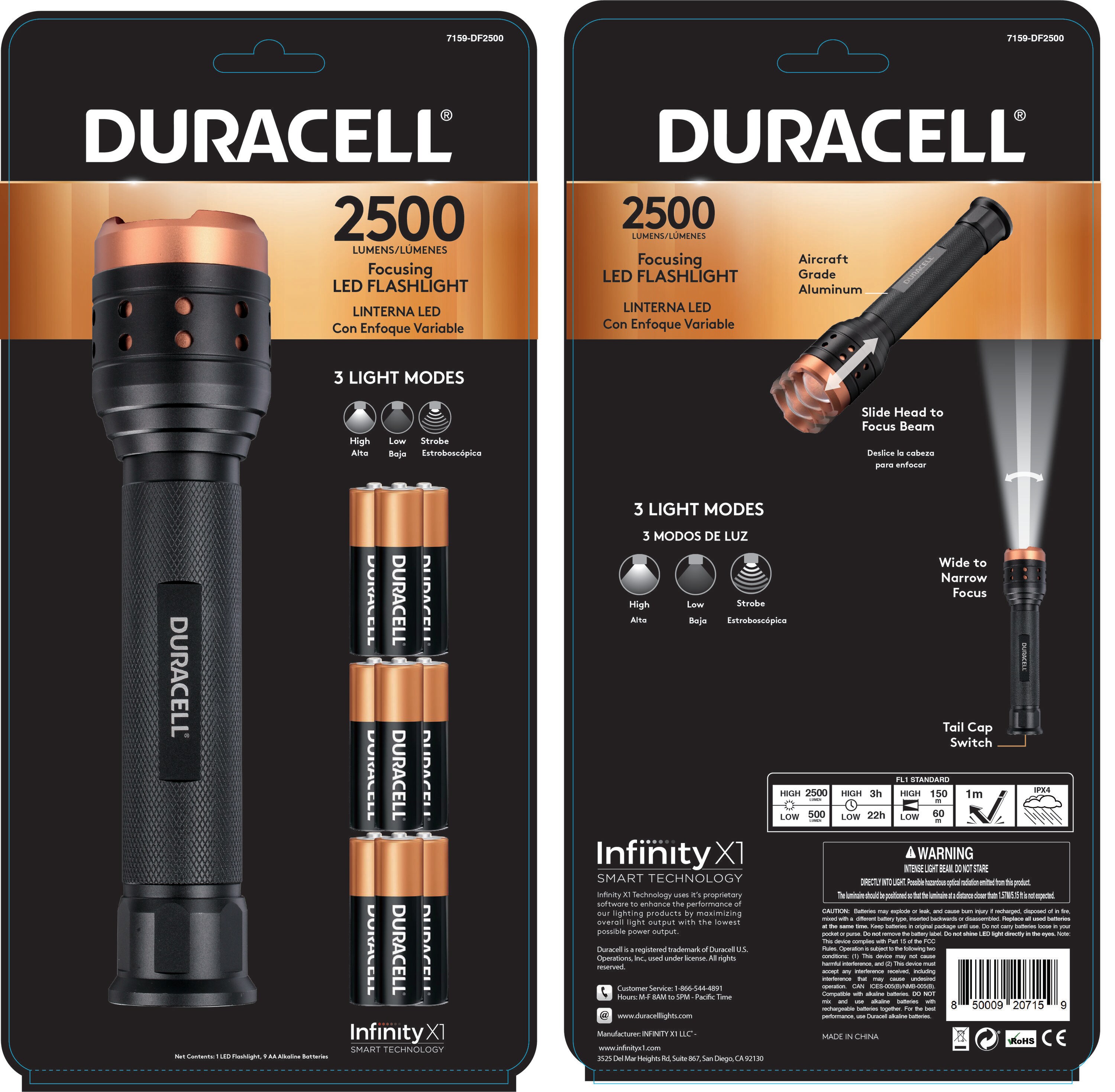 Details about   DURACELL 2500 LUMEN LED FLASHLIGHT WITH VARIABLE FOCUS SPOT TO FLOOD & BATTERIES 