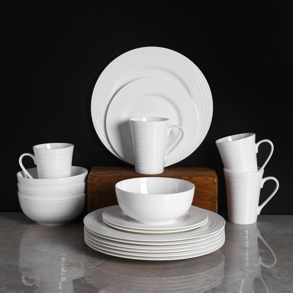 Stone Lain 16 Pieces Bone China Swirl Design Round Dinnerware Set White