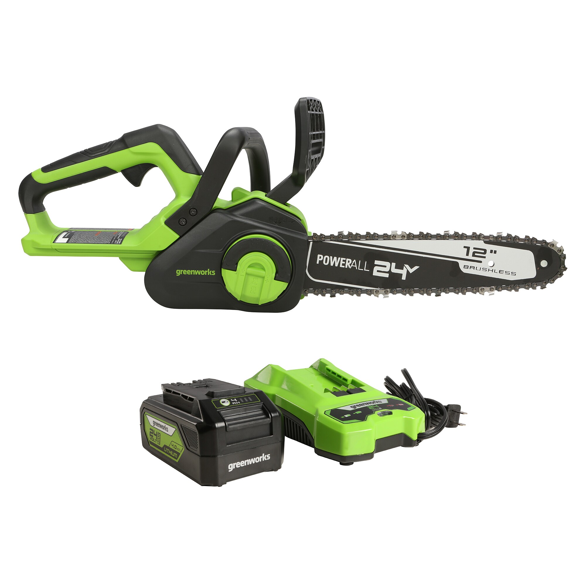 Greenworks 24-Volt 12-in Brushless Cordless Electric Chainsaw 4 Ah (Battery & Charger Included)