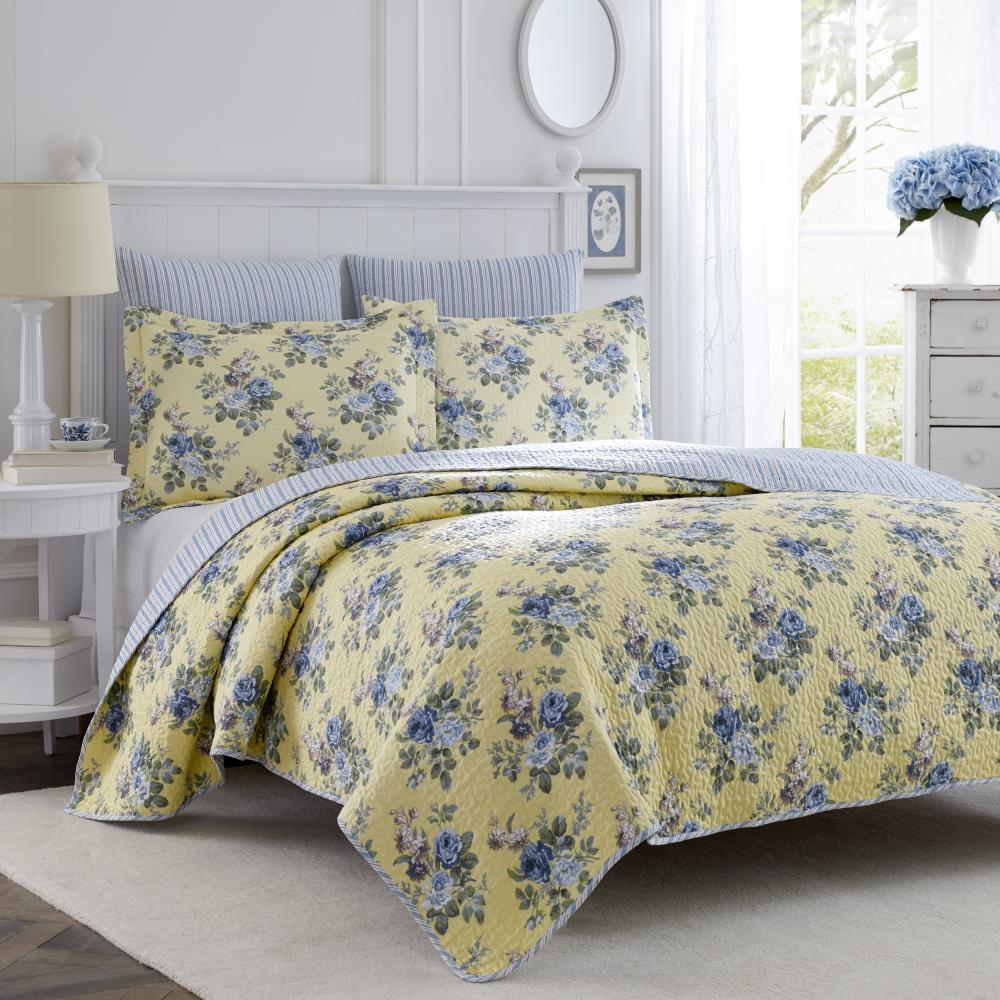 Yellow Green Blue Floral 3 pc Cotton Quilt Set Twin Full Queen King Bed Coverlet 