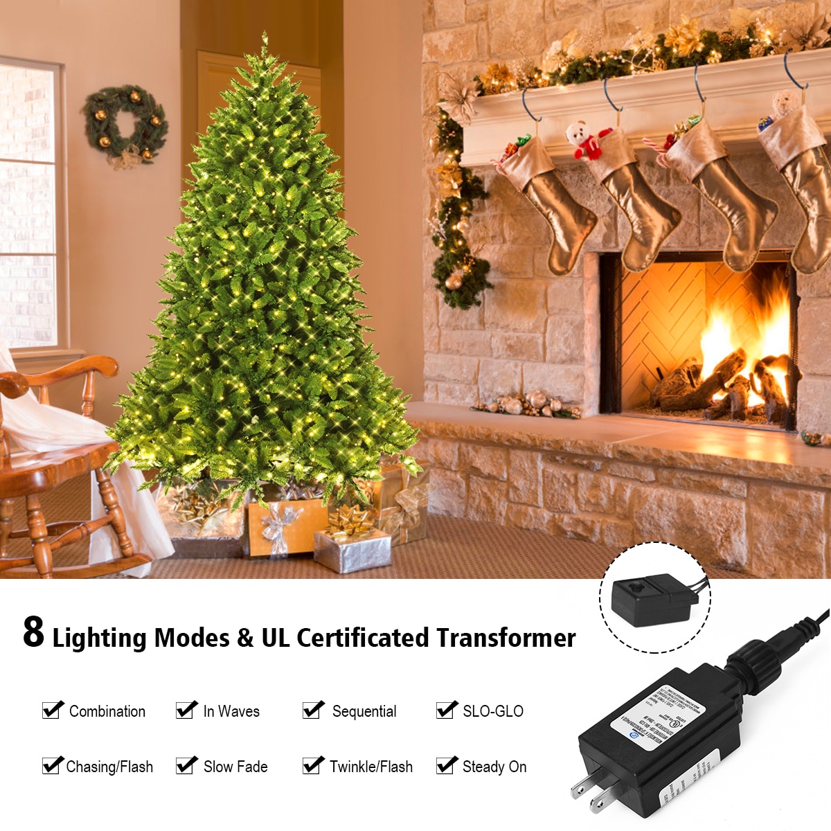 6ft Pre-lit PVC Christmas Fir Tree Hinged 8 Flash Modes w/ 650 LED Light 