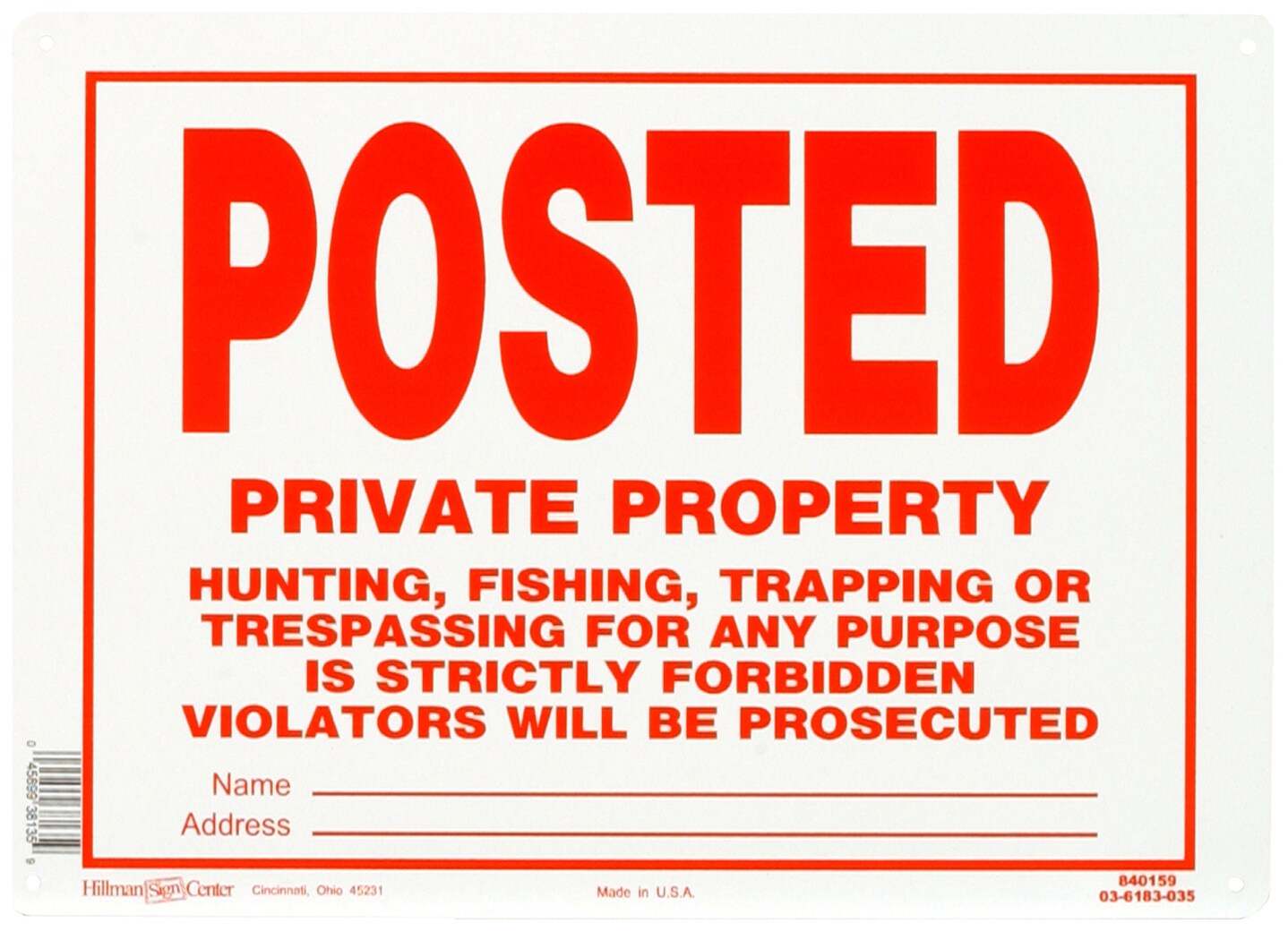 9 x 12 Aluminum Posted NO HUNTING Private Property Sign Violators Prosecuted 