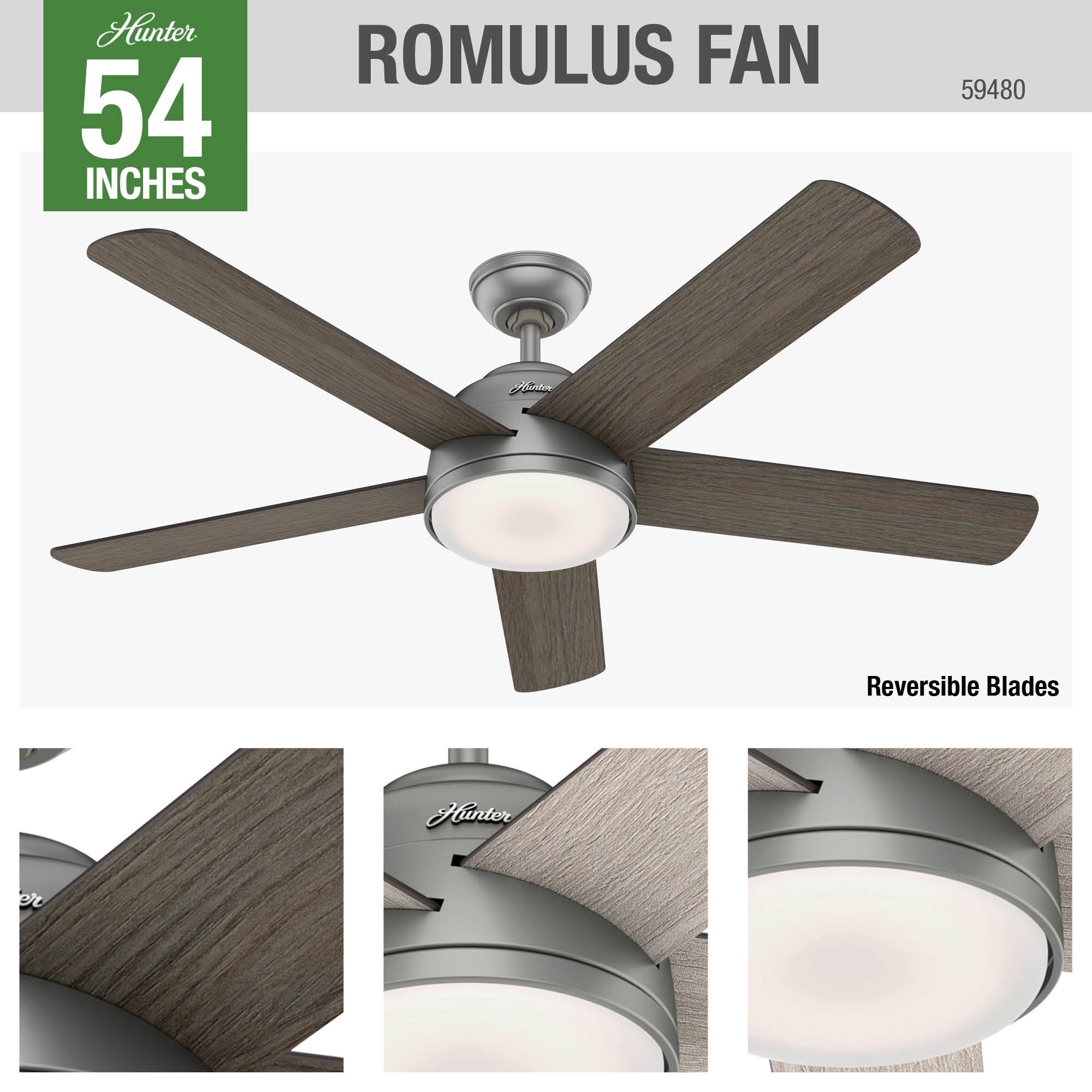 Hunter Romulus 54-in Matte Silver LED Indoor Downrod or Flush Mount Smart  Ceiling Fan with Light Remote (5-Blade)