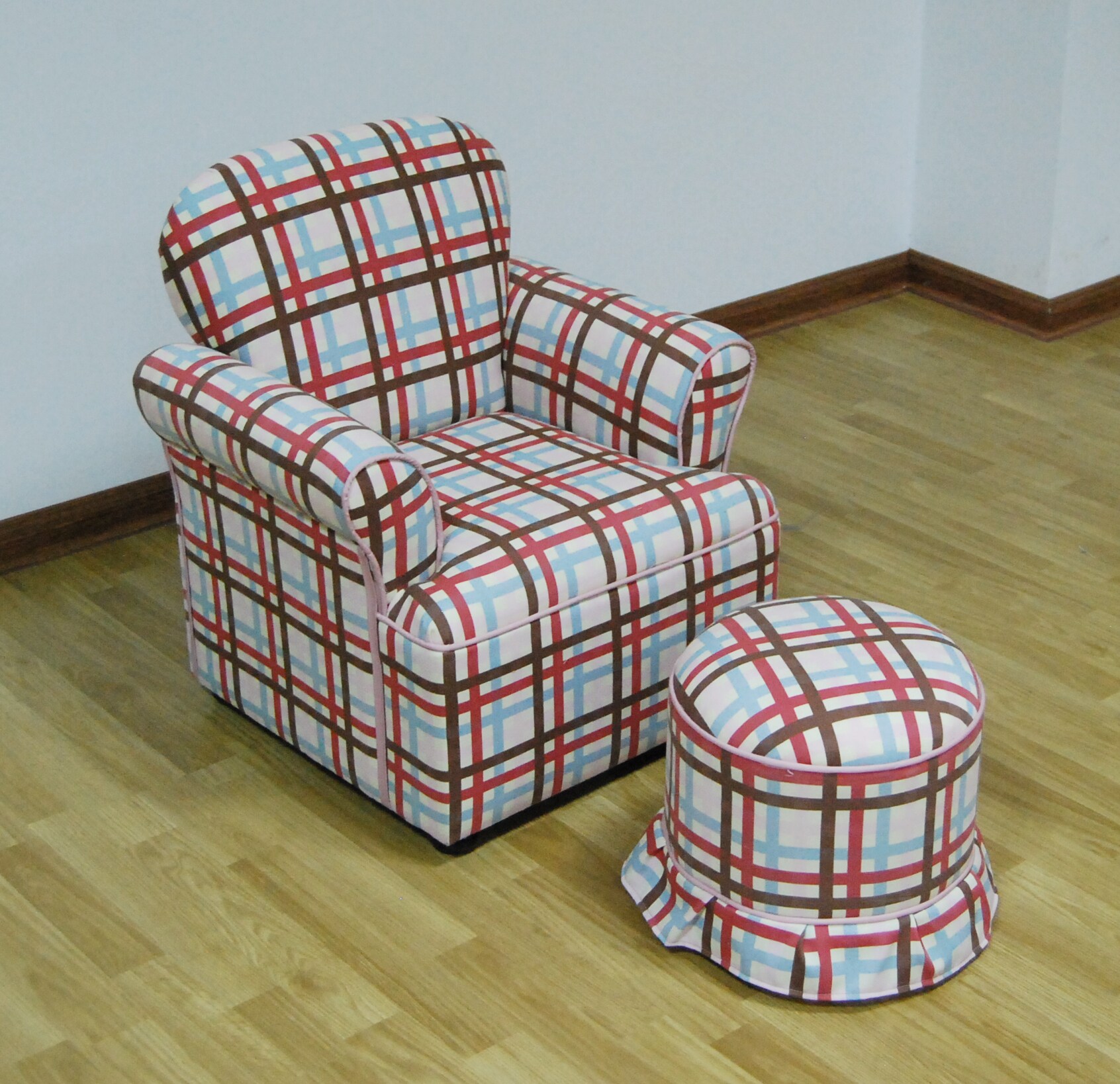 blue plaid chair and ottoman