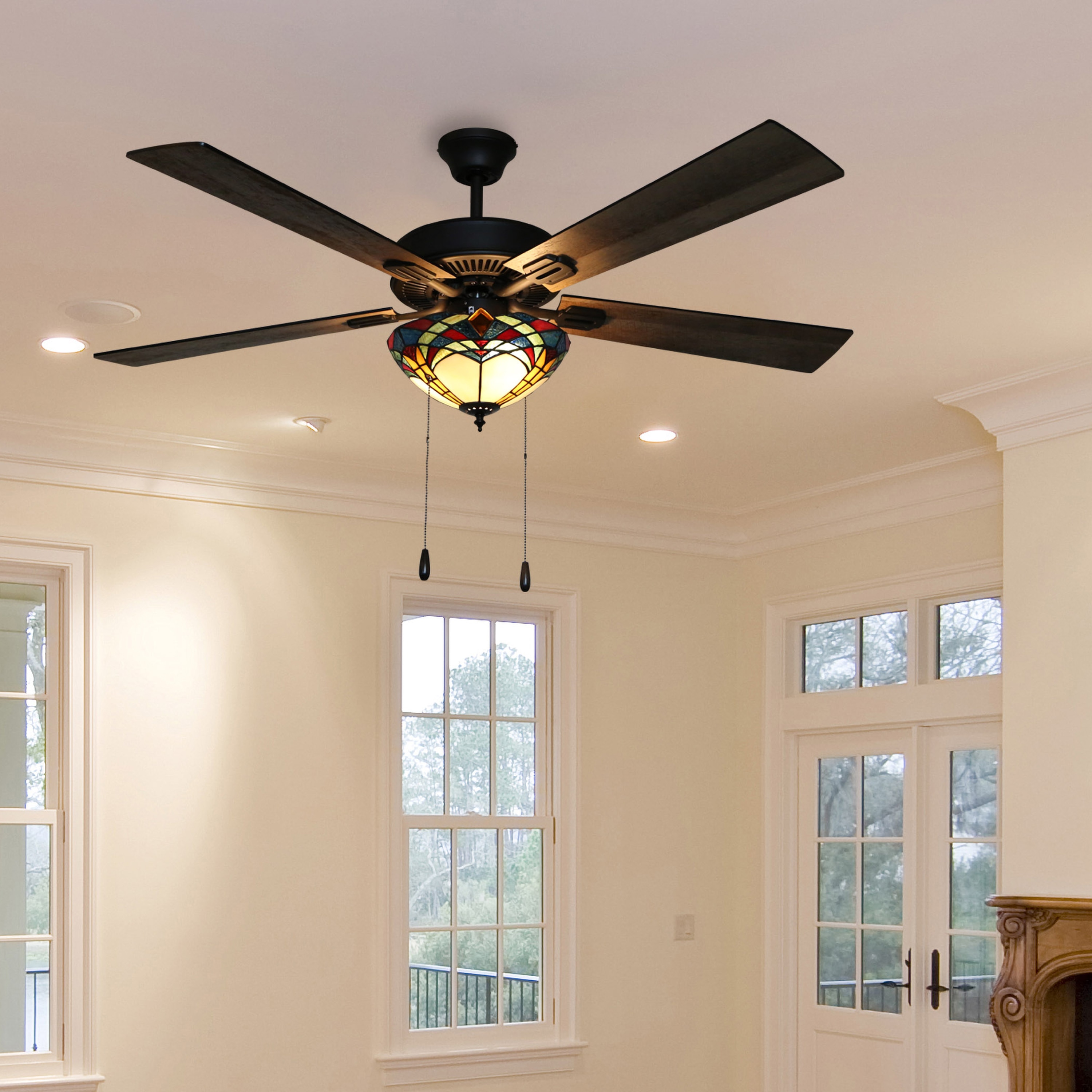 52" ORB oil rubbed bronze ceiling fan with 4 light tea stain glass va md 